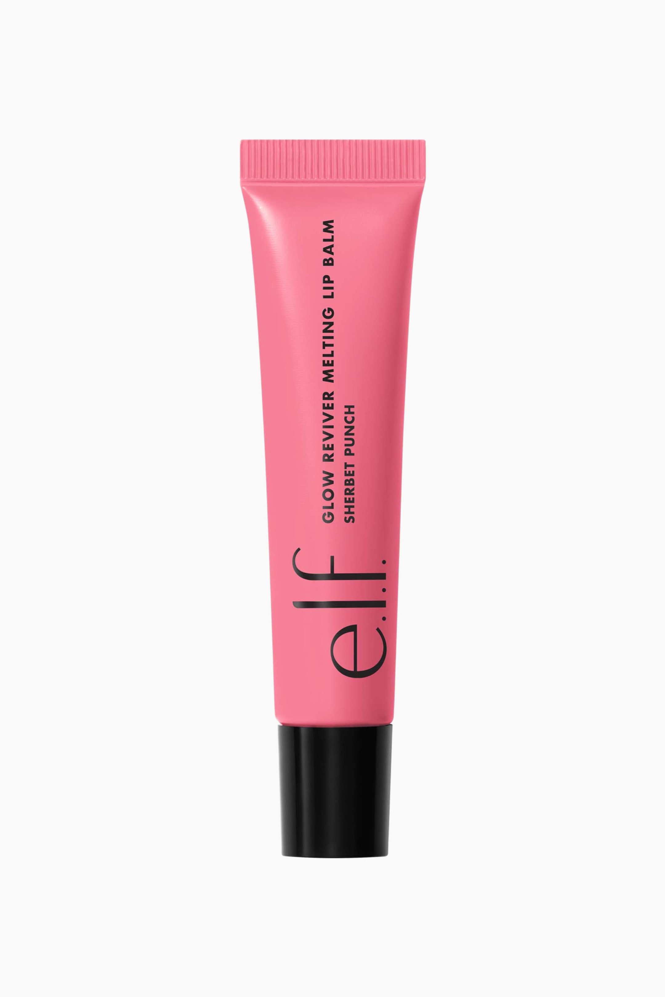Visa större bild: En ljusrosa läppbalsamtub står upprätt, vänd framåt, med en räfflad toppförsegling och en svart kork i botten. Texten "elf. glow reviver melting lip balm sherbet punch" är tryckt vertikalt på dess yta.