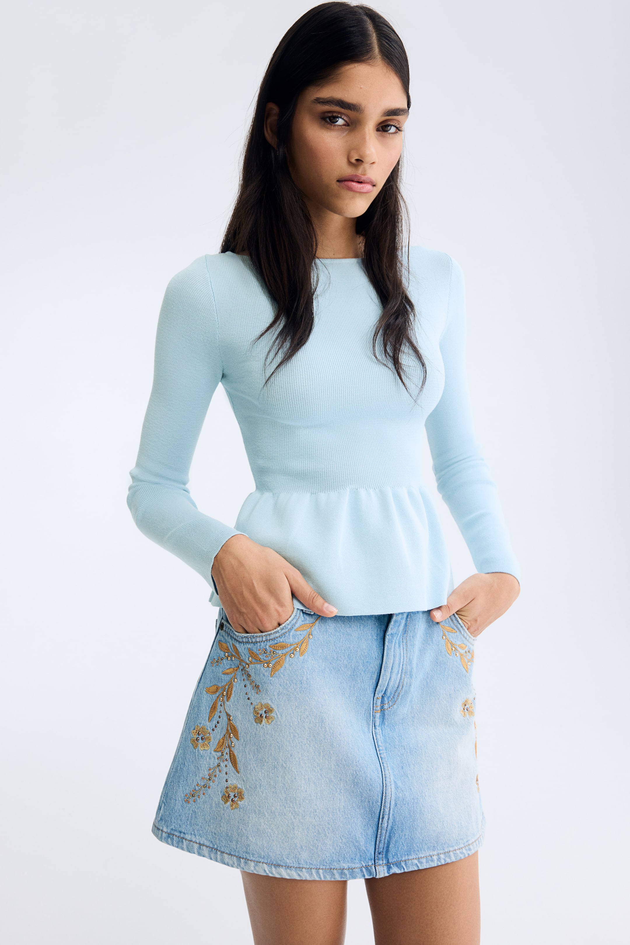 View larger image: Knitted peplum top - Light blue - Ladies | H&M IN 2