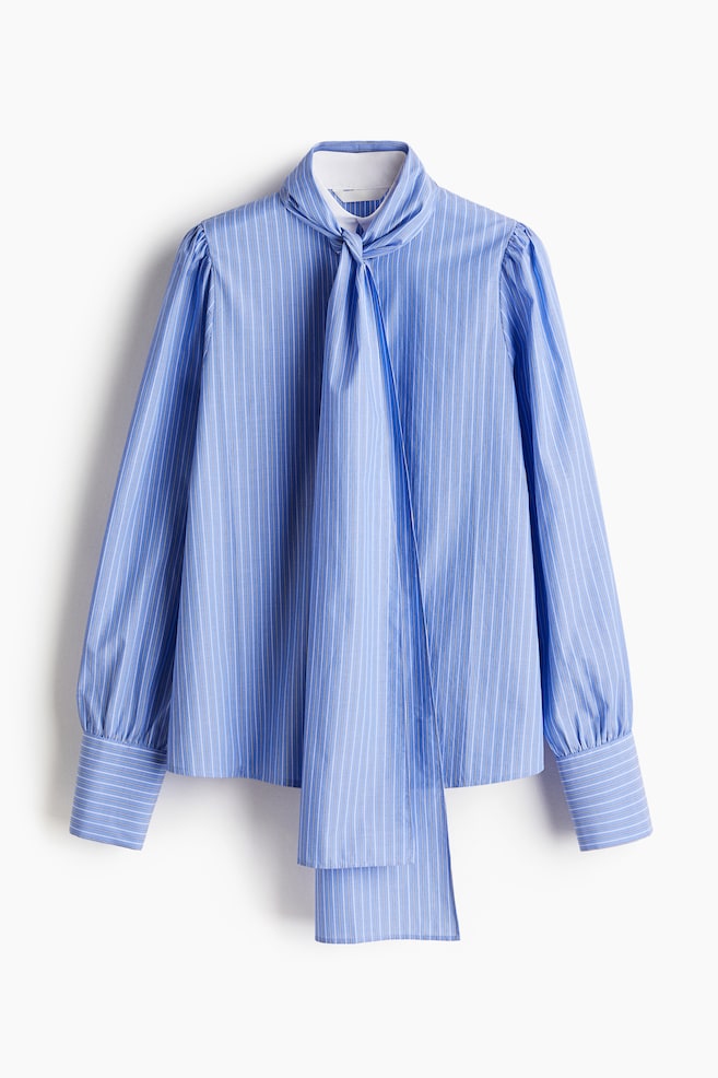 Scarf Detail Poplin Blouse - Light blue/Stripe - 1