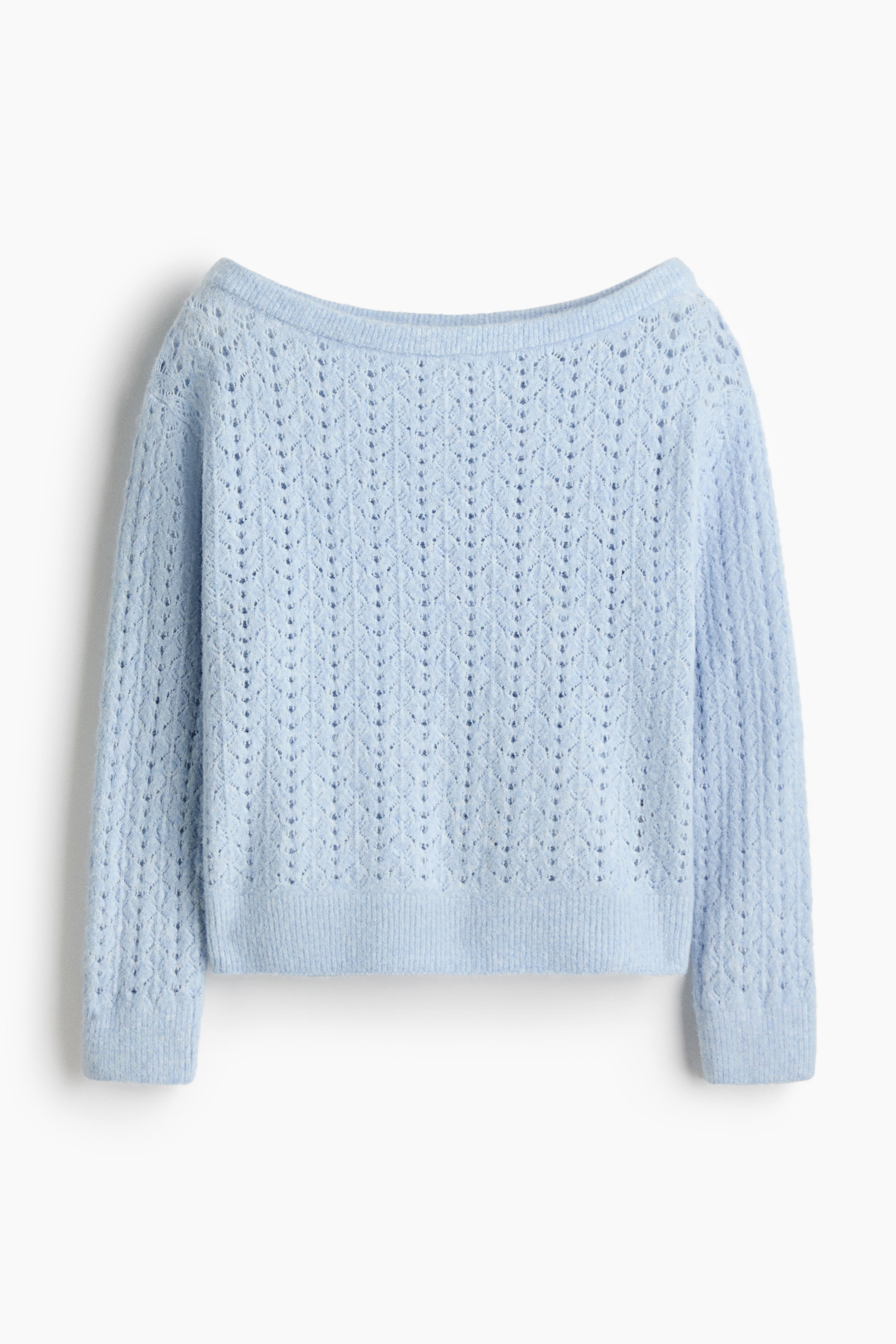 View larger image: A light blue open knit sweater is shown from the FRONT. It features a wide boat neckline and displays a textured pattern of small diamond-shaped eyelets across the body and long sleeves, with the bottom hem and cuffs exhibiting a subtle ribbed finish.
