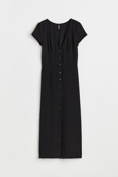 Button-front crêpe dress - V-neck - Short sleeve - Black - Ladies | H&M GB