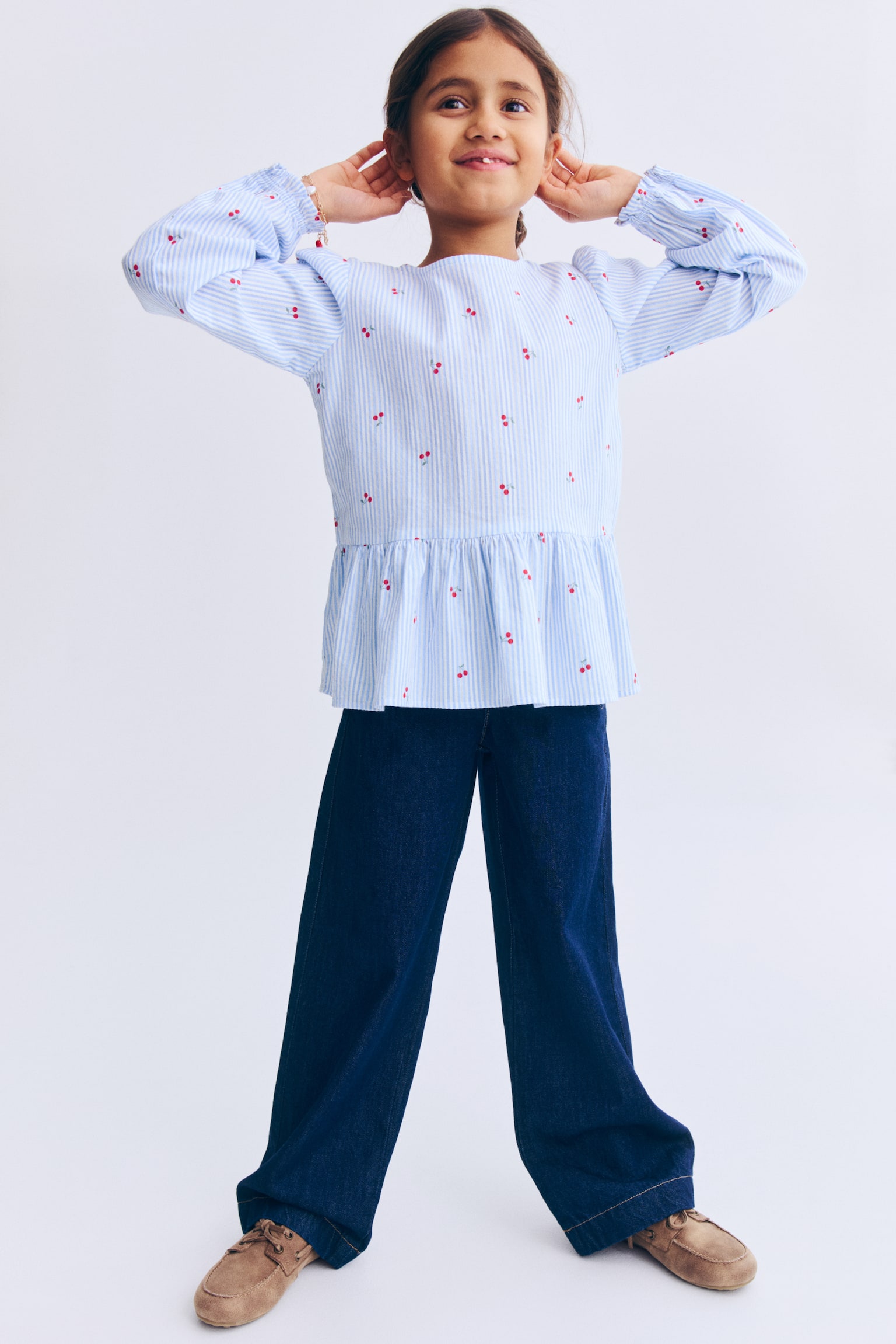 Seersucker peplum blouse - Blue/Cherries - 2