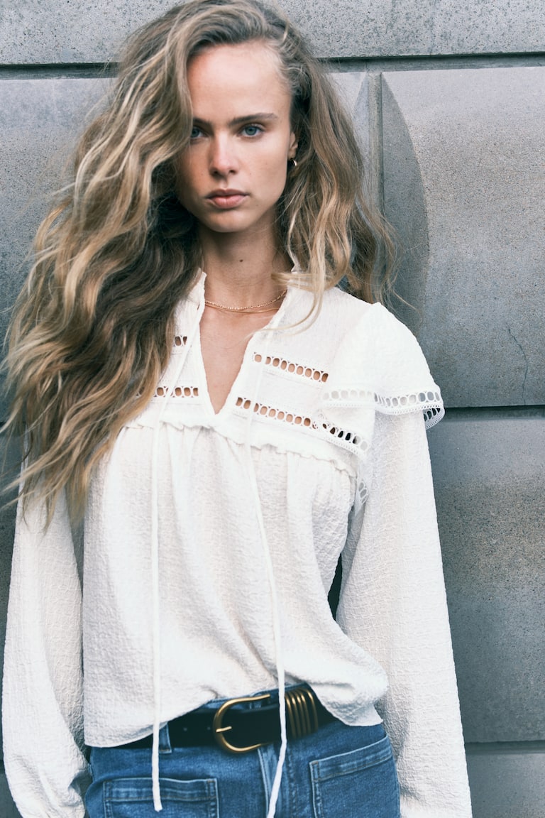 H&m Camicetta Sangallo Camicia Bianca Nara Camicie Pizzo