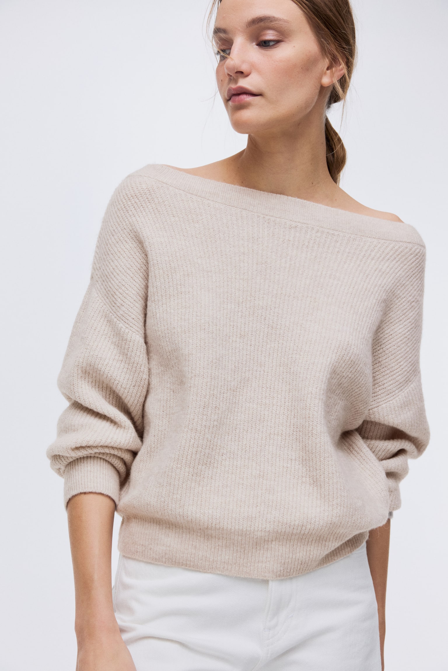 Oversized boat-neck jumper - Light beige marl/Dark brown/Light blue/Light peach pink - 1