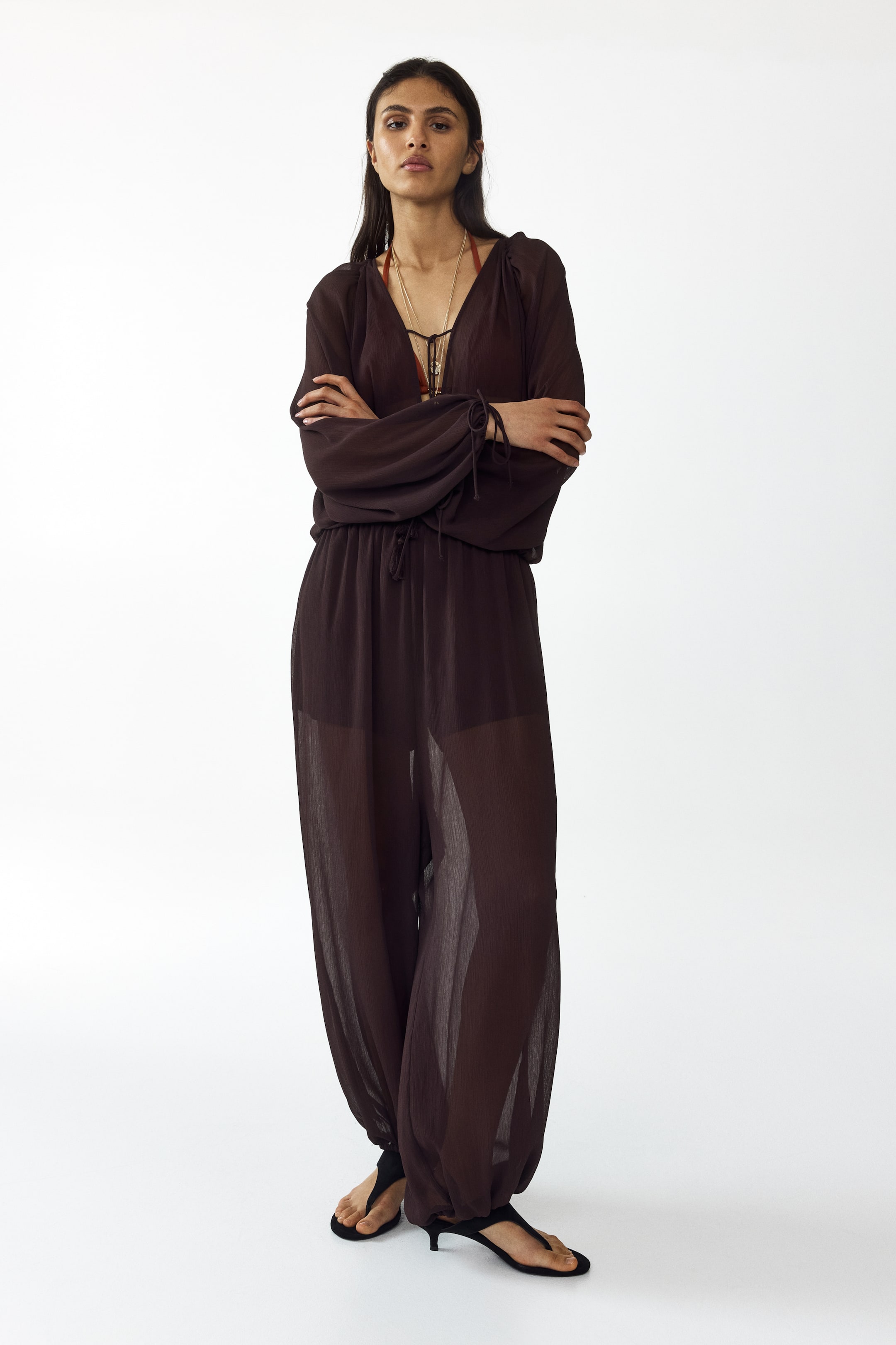 View larger image: A dark brown sheer jumpsuit features a deep V-neck, long sleeves with drawstring cuffs, and a drawstring waist, flowing into loose-fitting legs gathered at the ankles. A red bikini top and a necklace are visible beneath the sheer fabric, while black kitten heel thong sandals complement the jumpsuit.