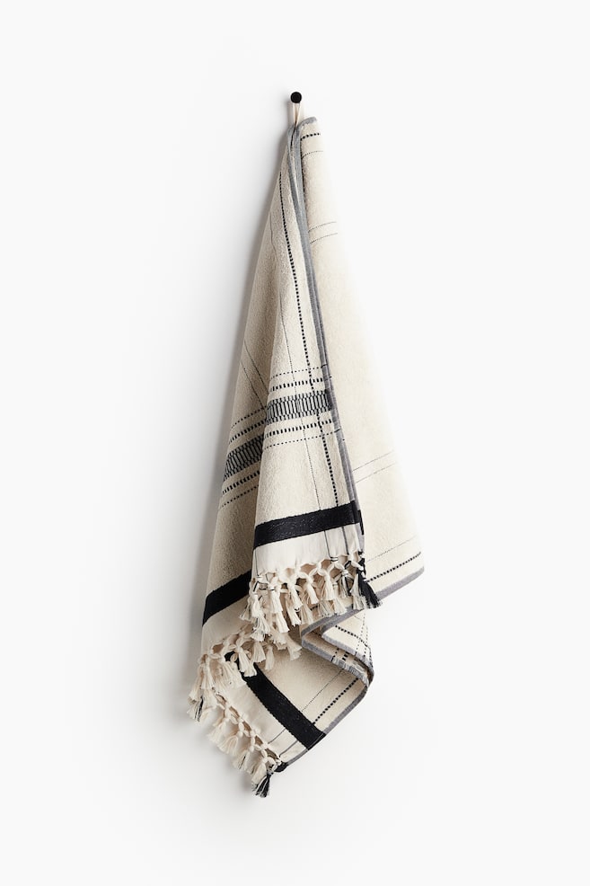 Tasselled bath towel - Light beige/Checked - 1