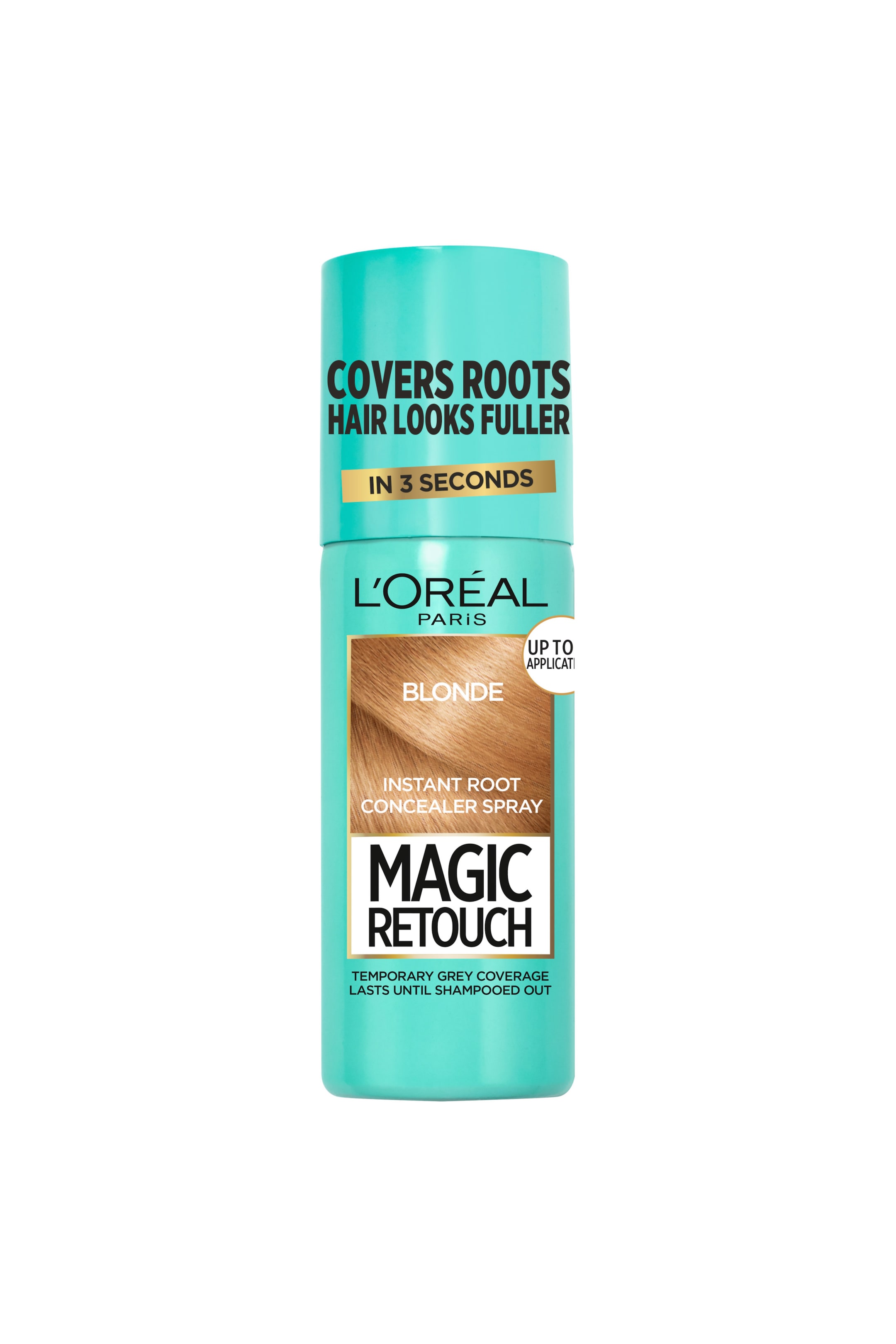 Visa större bild: En L?Or�al Paris Magic Retouch Instant Root Concealer Spray-burk i nyansen "Blonde" står upprätt och vänd framåt. Den turkosa flaskan har ett matchande korklock med svart text och en central etikett som visar en provslinga av blont hår tillsammans med det framträdande varumärket och produktnamnet.