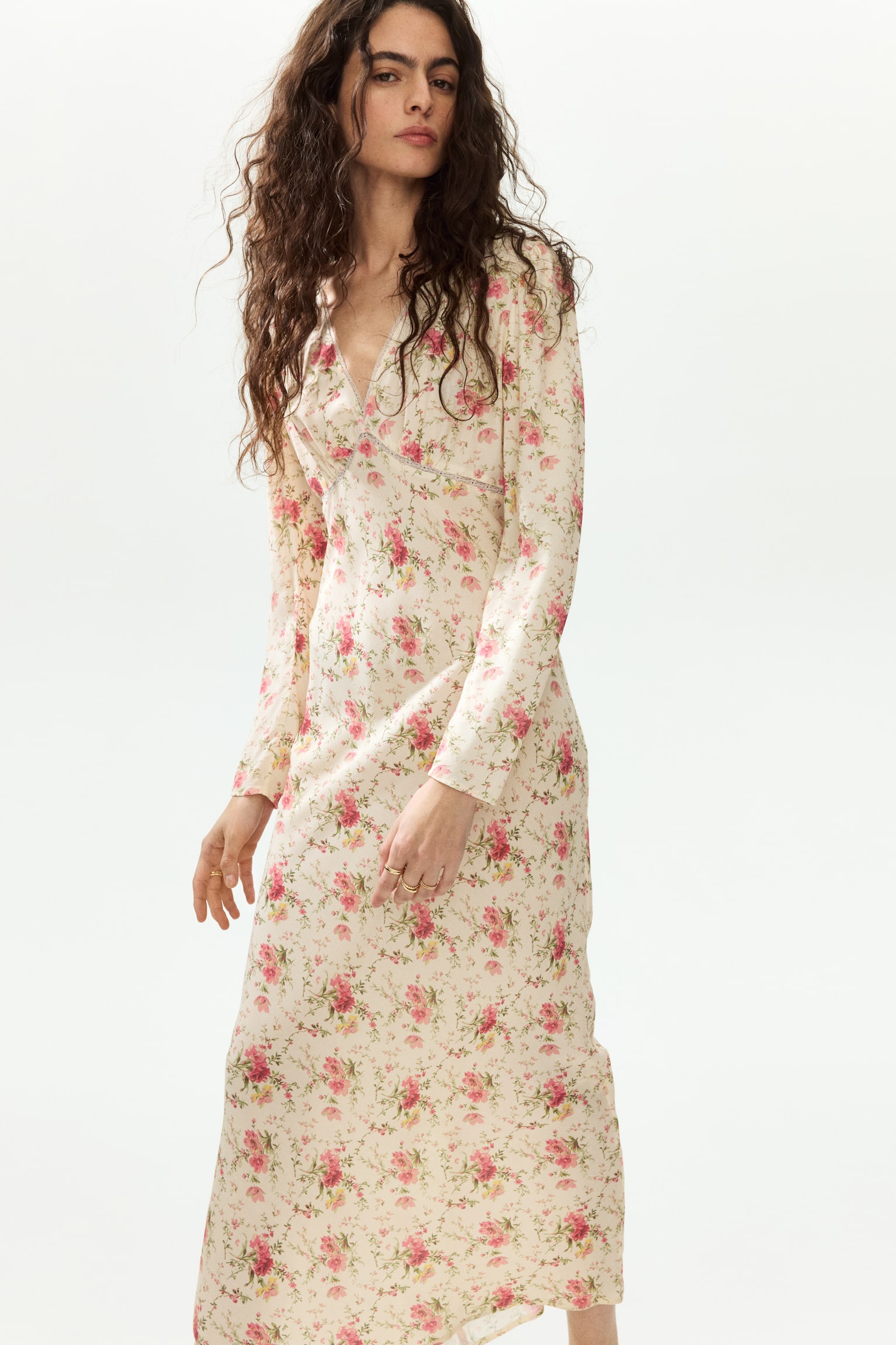 Robe à manches longues en viscose - Jaune clair/fleuri/Blanc/fleuri - 3