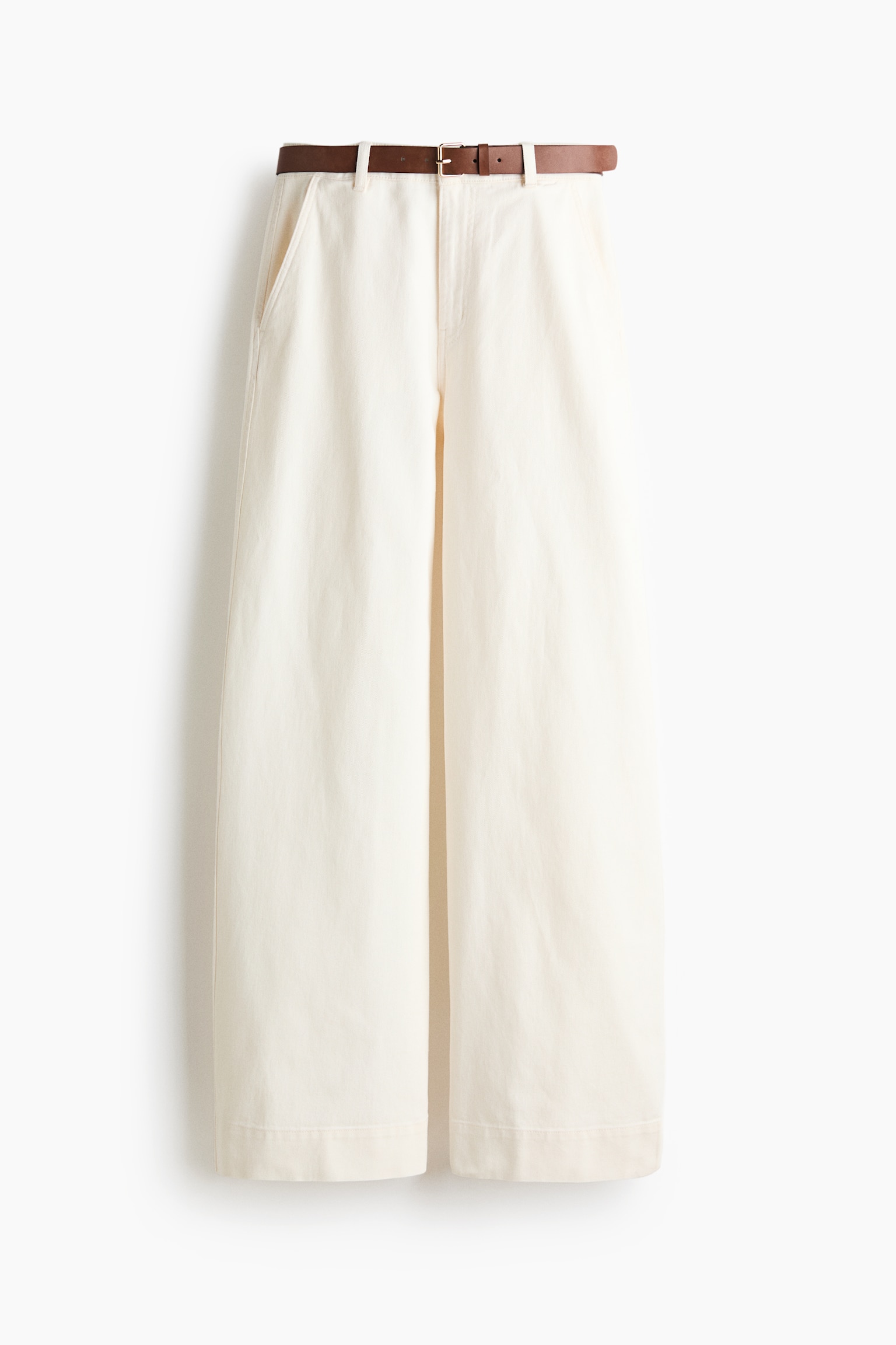 Wide Belted Twill Pants - White
