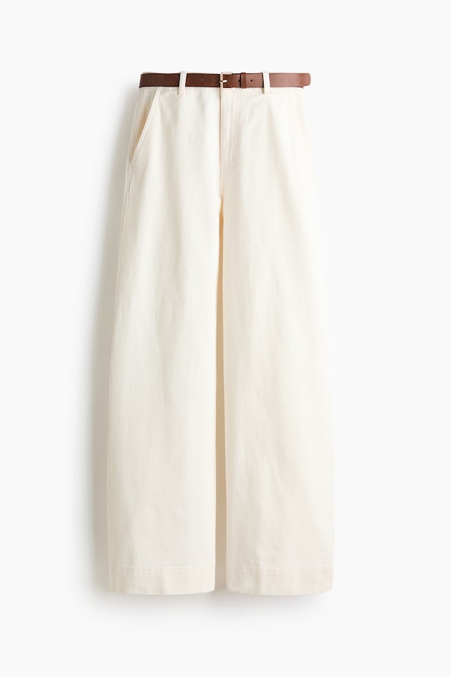 Wide Belted Twill Pants - White/Dark khaki green/Dark brown - 1