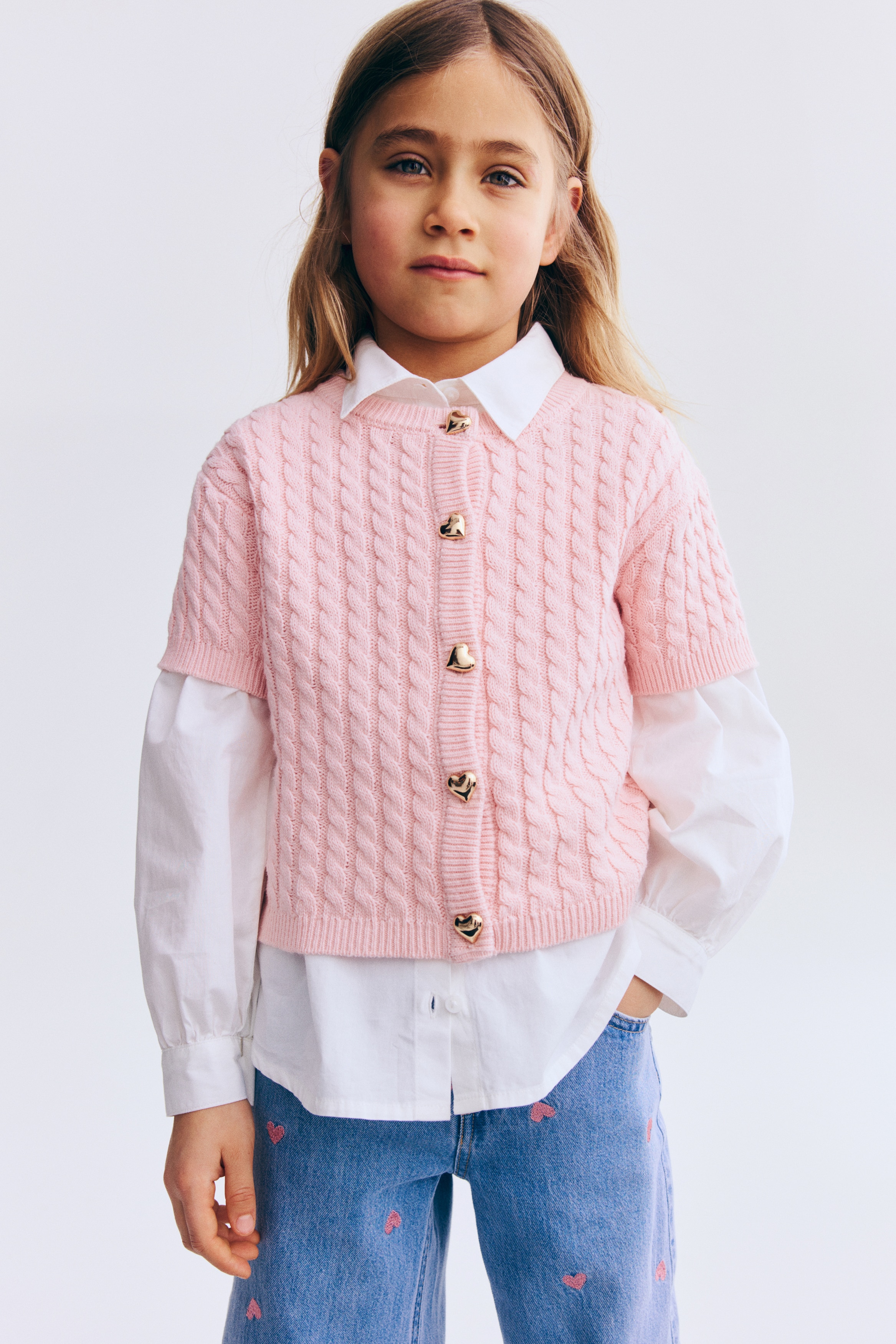 Cable-knit cardigan - Light pink/Red