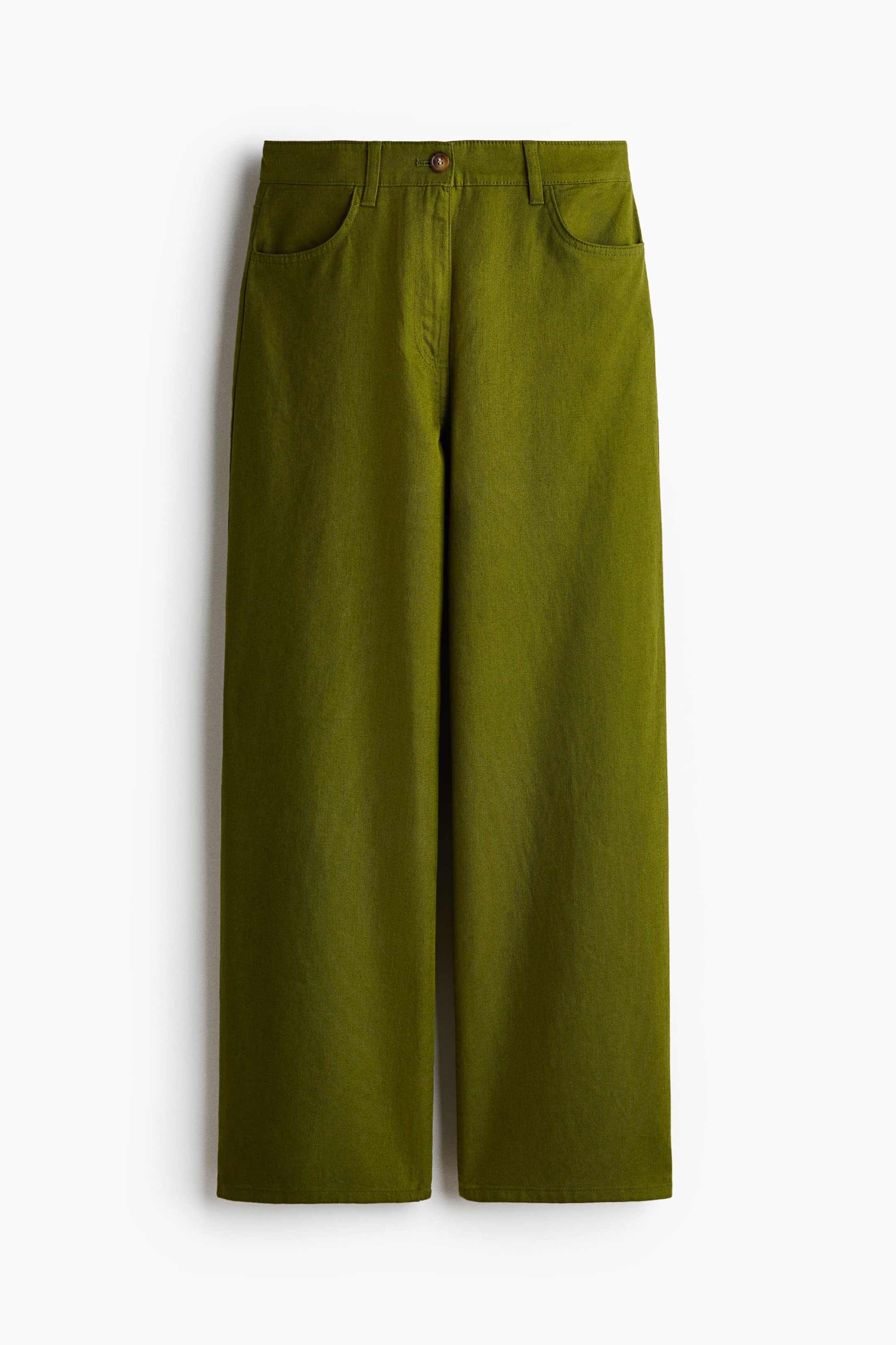 View larger image: "Olive green pants showcase a wide-leg cut with a prominent front button closure. They feature two curved front pockets and a textured fabric finish."