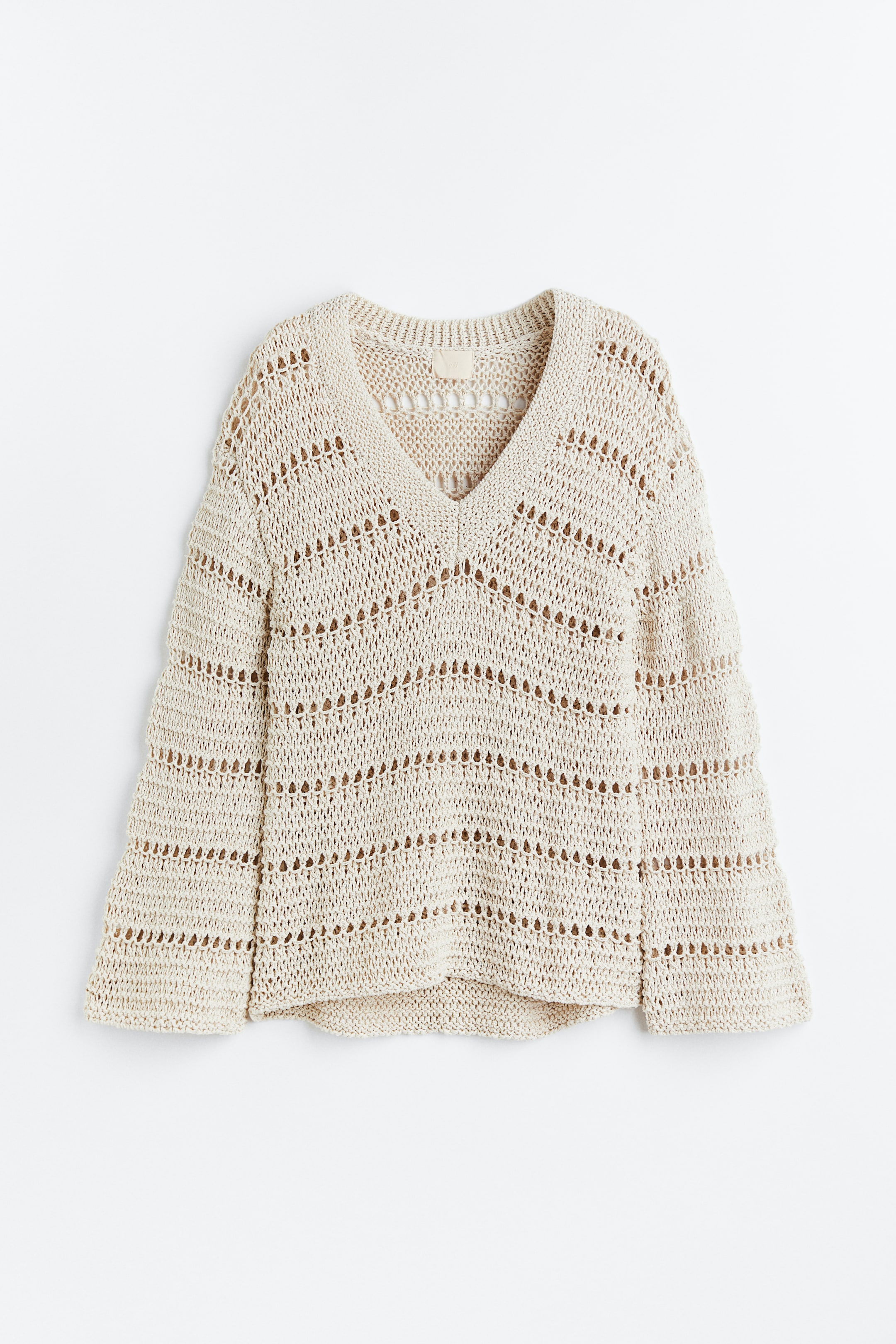 Oversized Hole-knit Sweater - V-neck - Long sleeve - Light beige ...