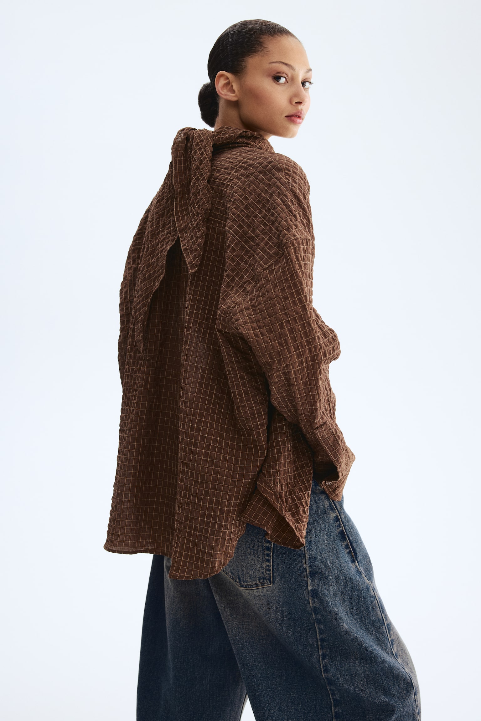 Seersucker shirt with scarf - Brown - 4
