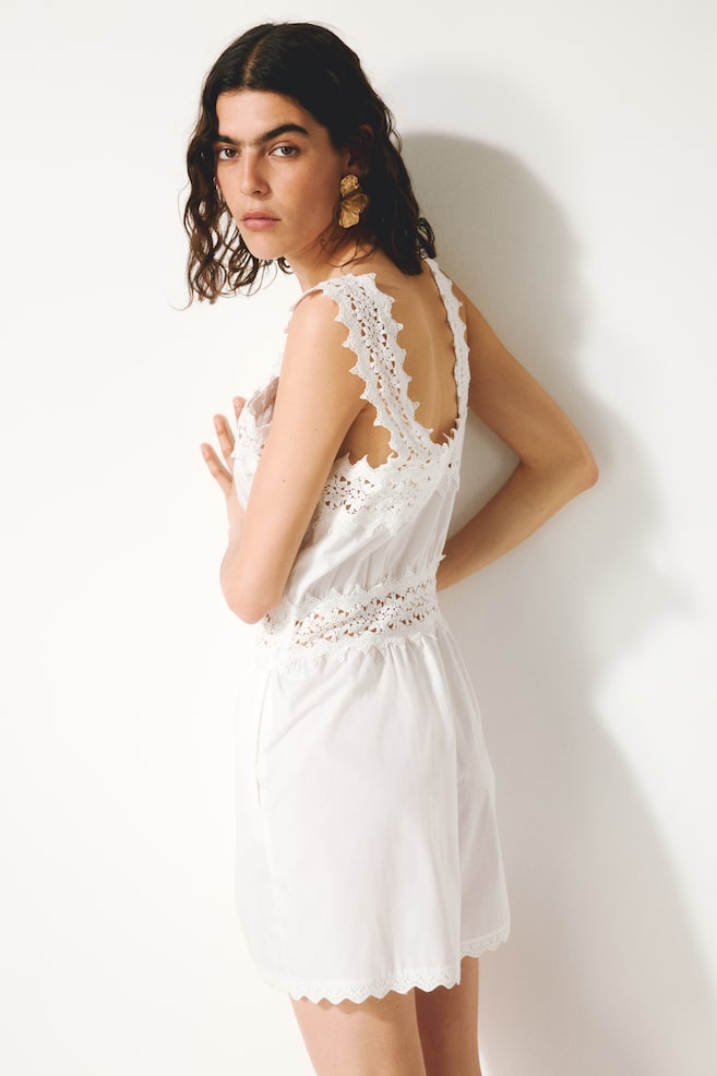 Lace-Detail Cotton Romper - White - 6