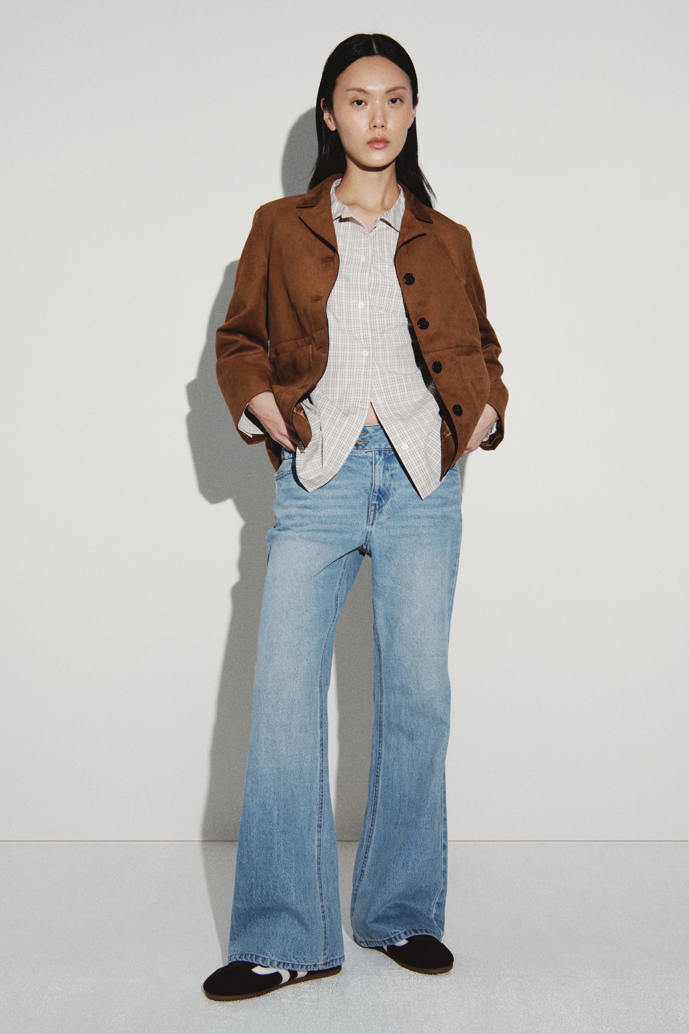 Flared Twill Pants - Light denim blue/Beige