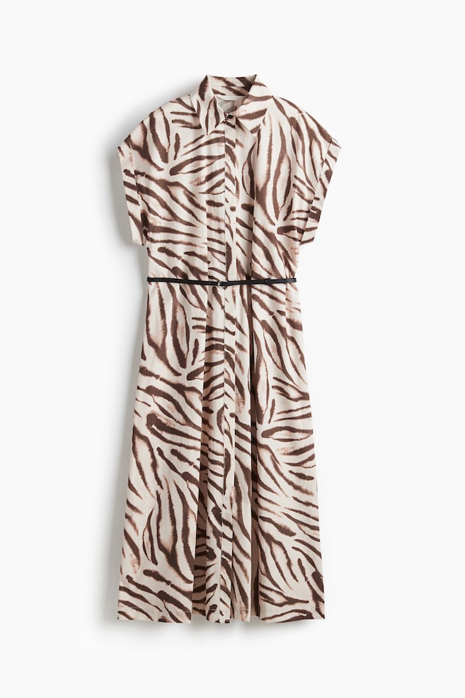 Belted Poplin Dress - Light beige/Zebra print/Green - 1