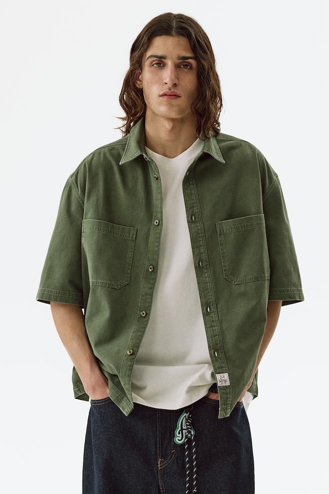 Relaxed-Fit Denim Shirt - Khaki green/Light denim blue - 2