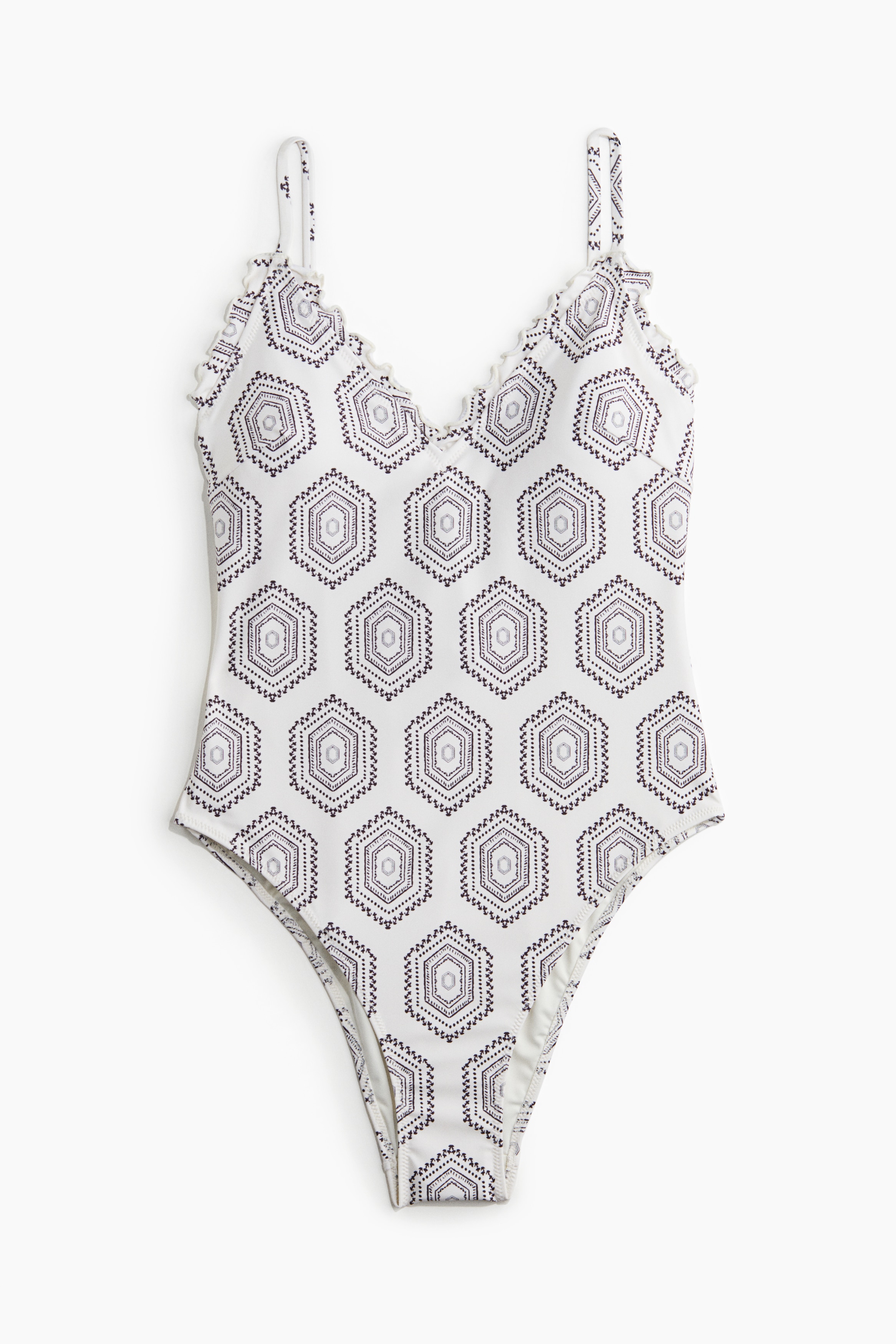 Fato de banho com folho e copas almofadadas - Branco/Padrão