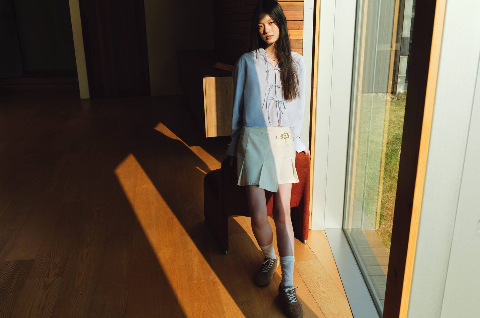 Wrapover denim skort - Light beige/Light denim blue - 3
