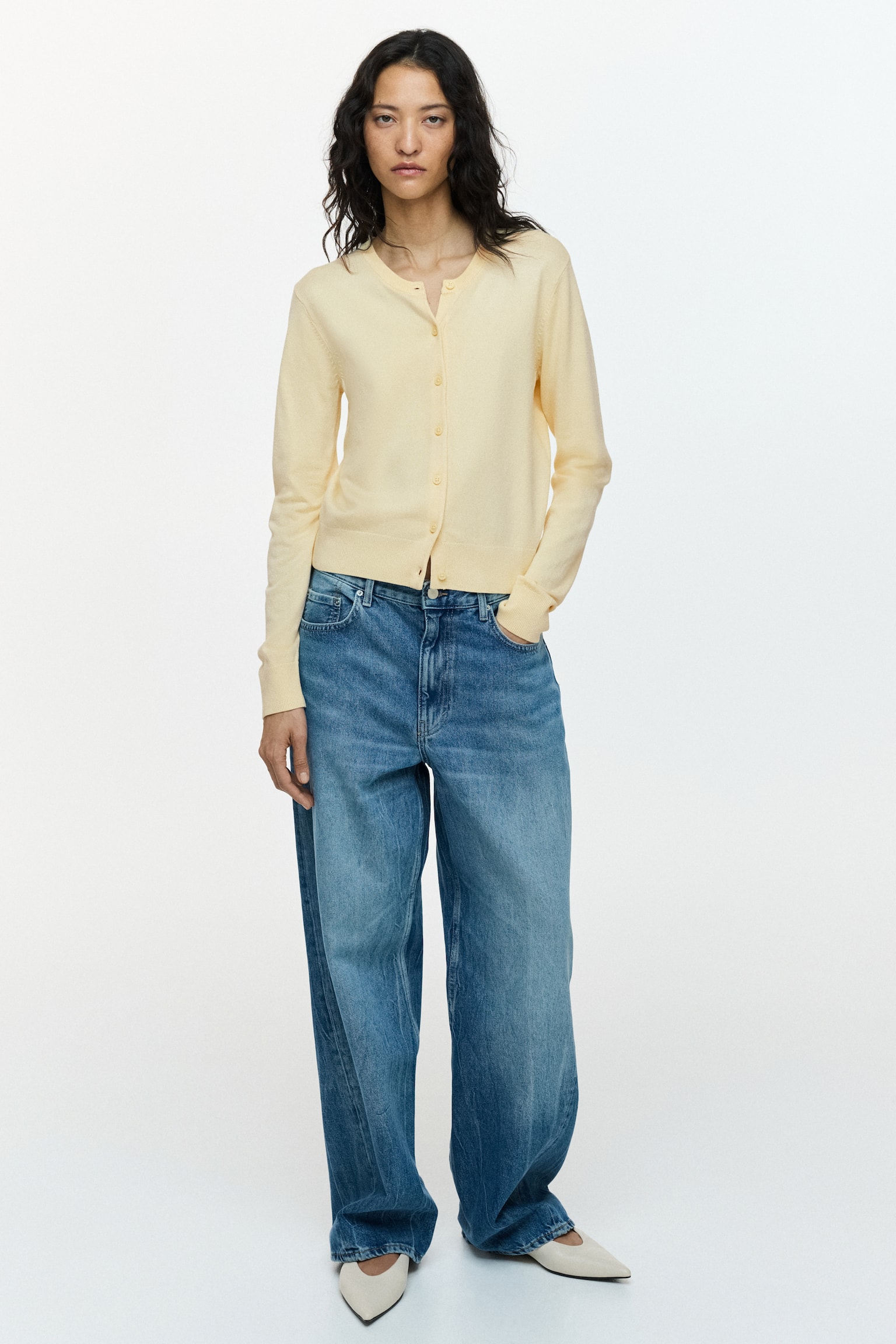 Fine-knit cardigan - Light yellow/Black/Green/Red/Olive green/Light greige/Bright orange/Light beige/White/Black striped/Cream/White/Striped/Grey marl/Black/White striped - 3