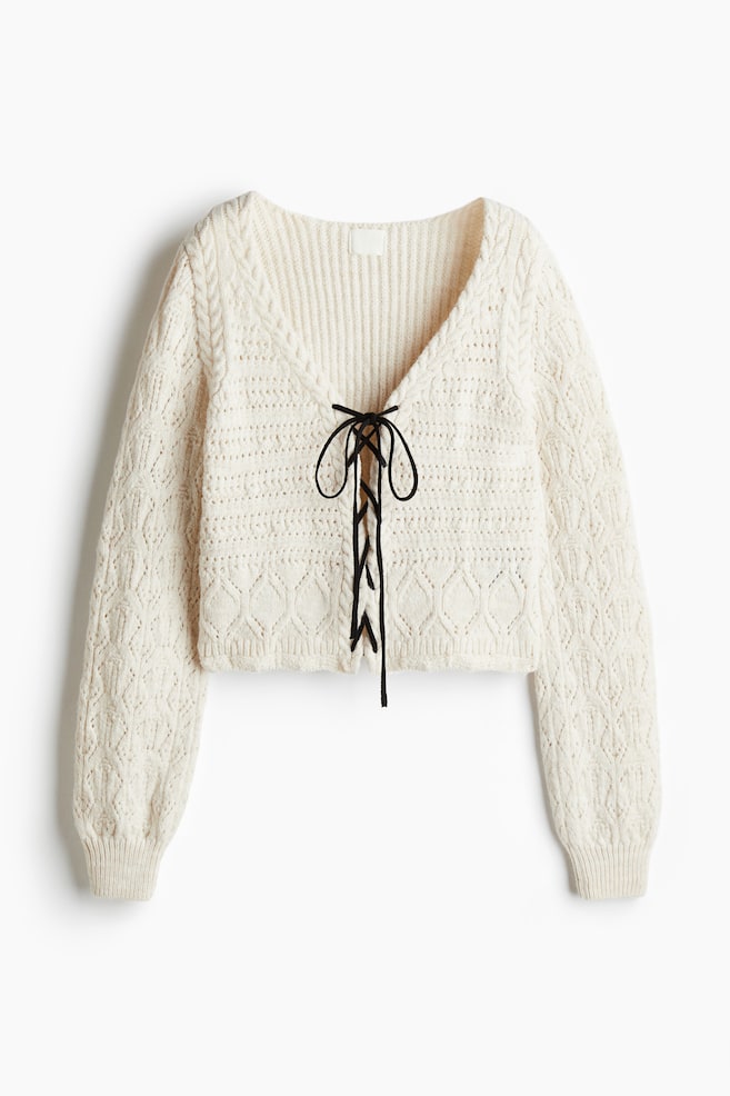 Lacing-Detail Pointelle-Knit Cardigan - Cream - 1