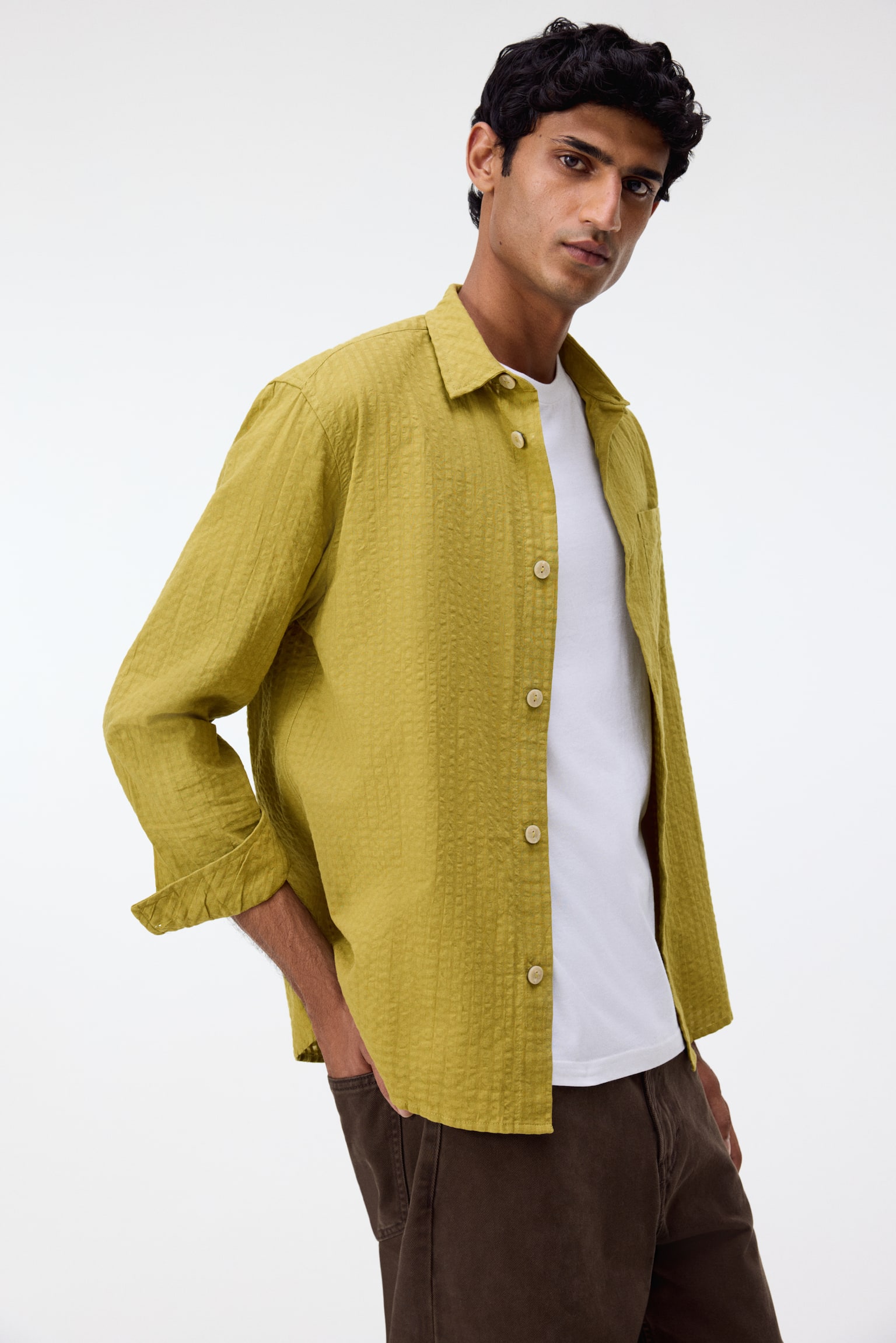 Áo sơ mi vải sọc nhăn Regular Fit - Màu vàng mù tạt - 3