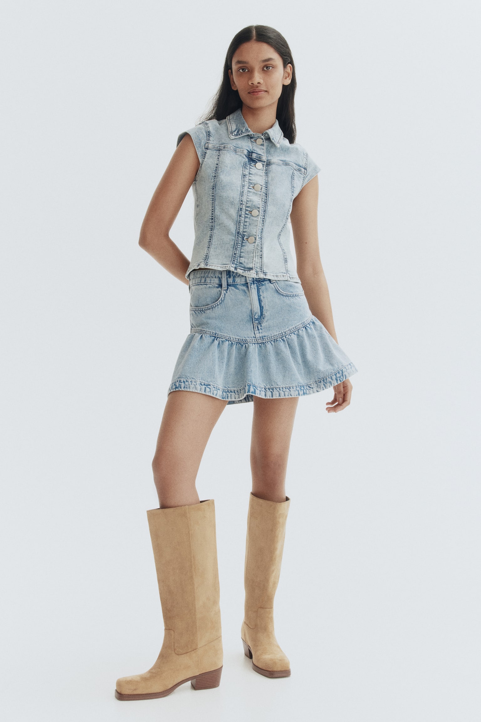 Cap-sleeved denim jacket - Light denim blue - 1