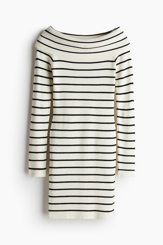 Vestido off-the-shoulder en punto de canalé - Crema/Rayas/Crema - 1