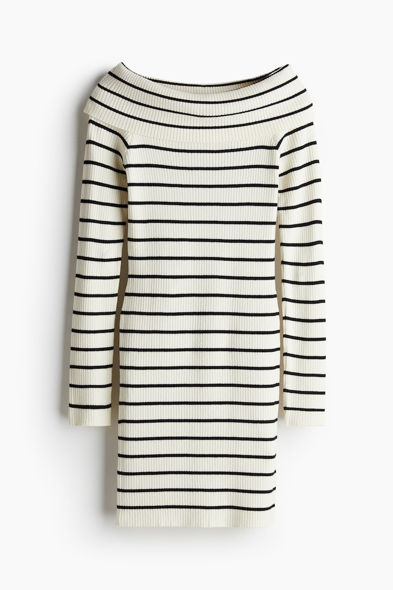 Women's Cream/striped Rib-knit Off-the-shoulder Dress | H&M US