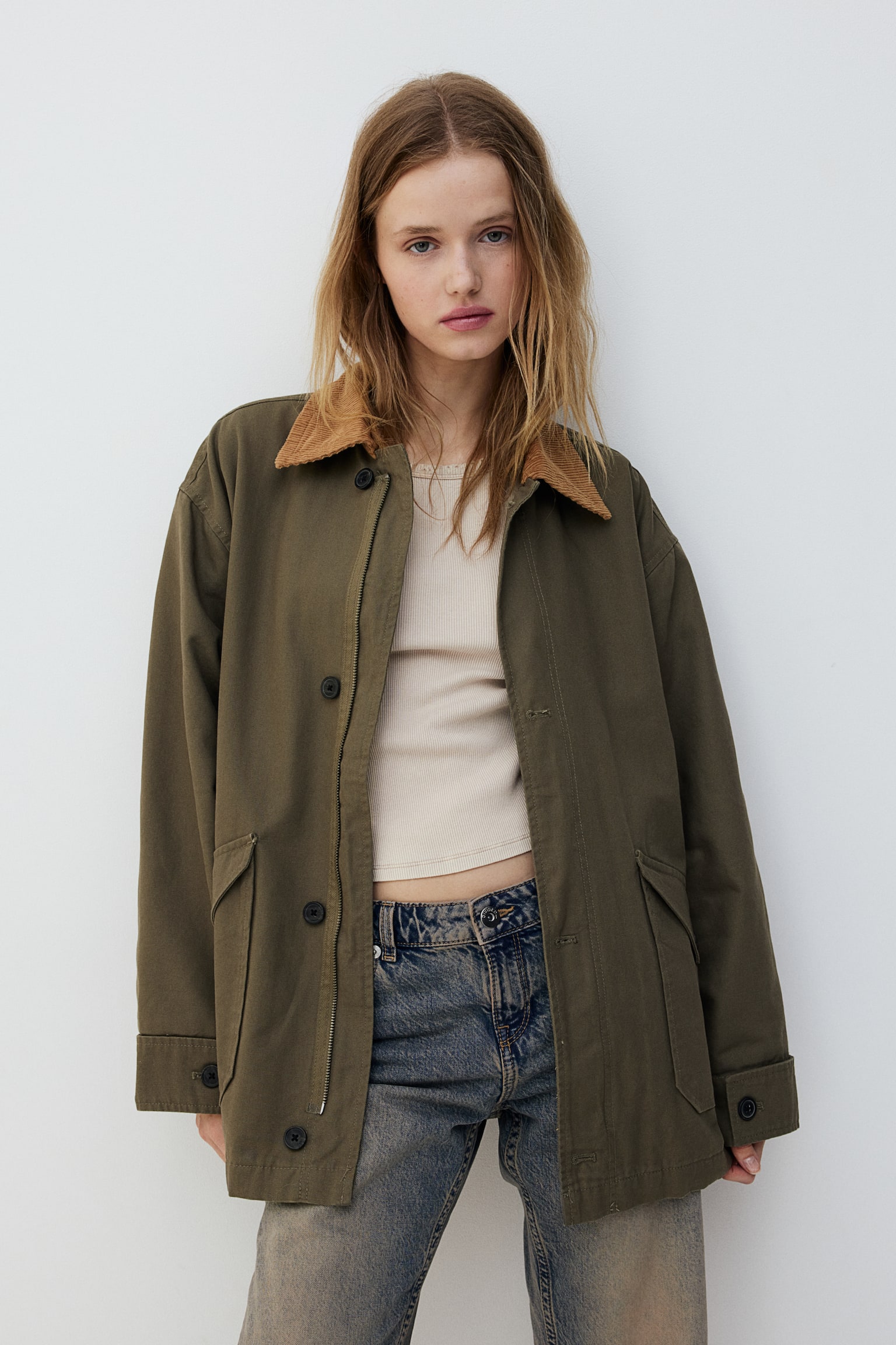 Oversized canvas jacket - Khaki green/Beige - 6