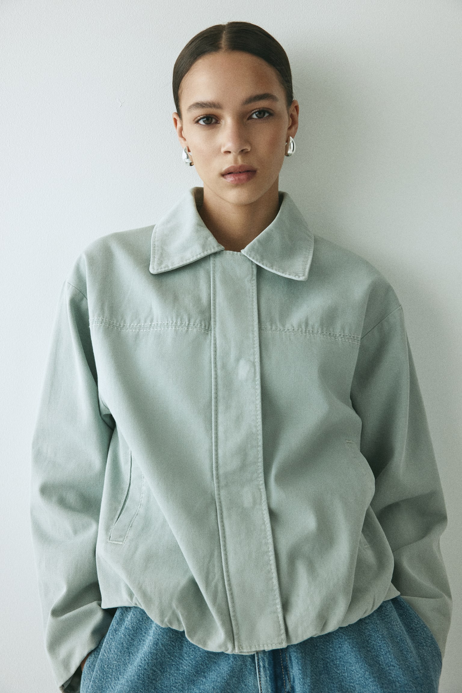 Collared bomber jacket - Light turquoise/Light grey/Pinstriped/Olive green/Grey/Light beige/Checked - 1