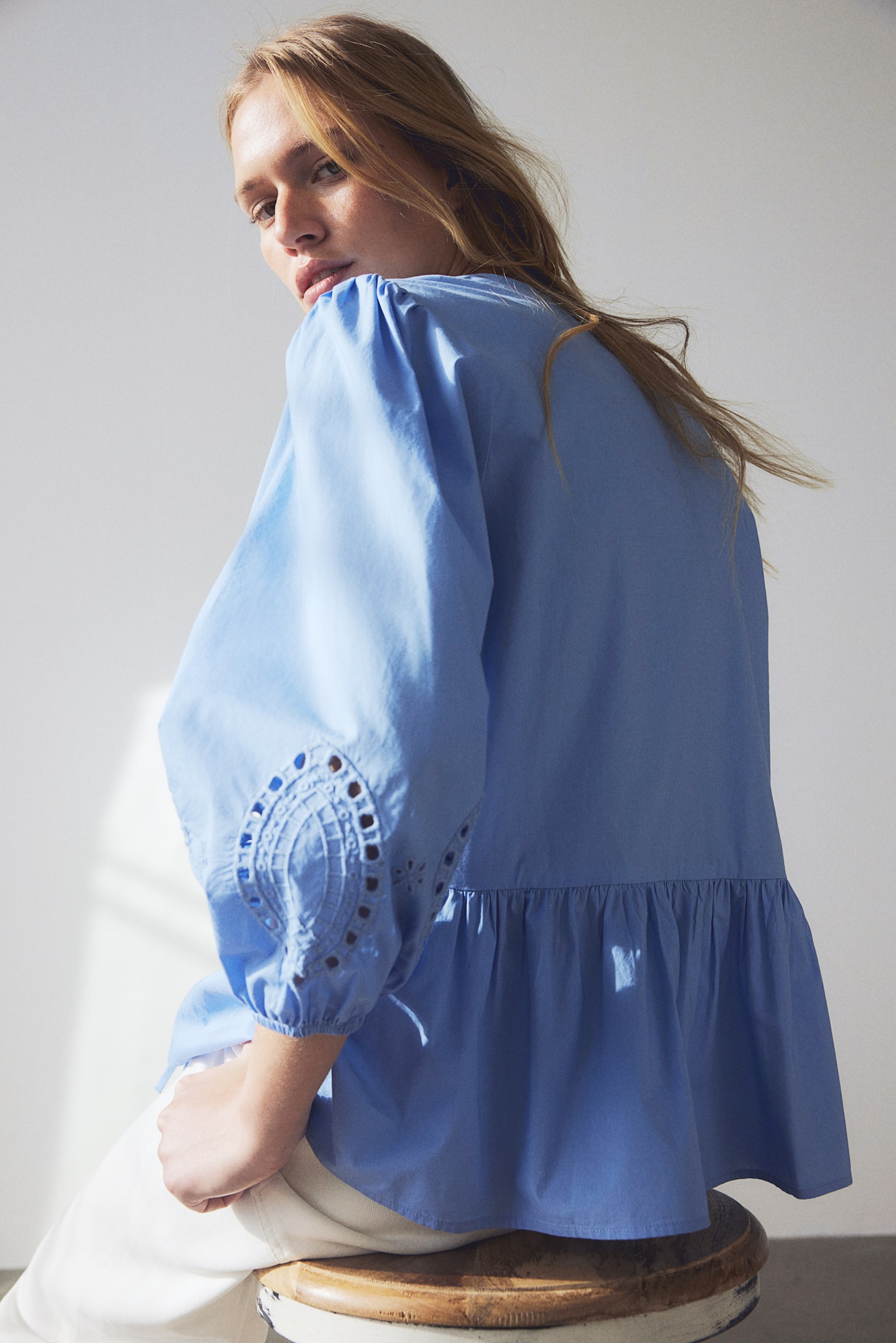 Broderie Anglaise Detail Blouse - Blue - 5