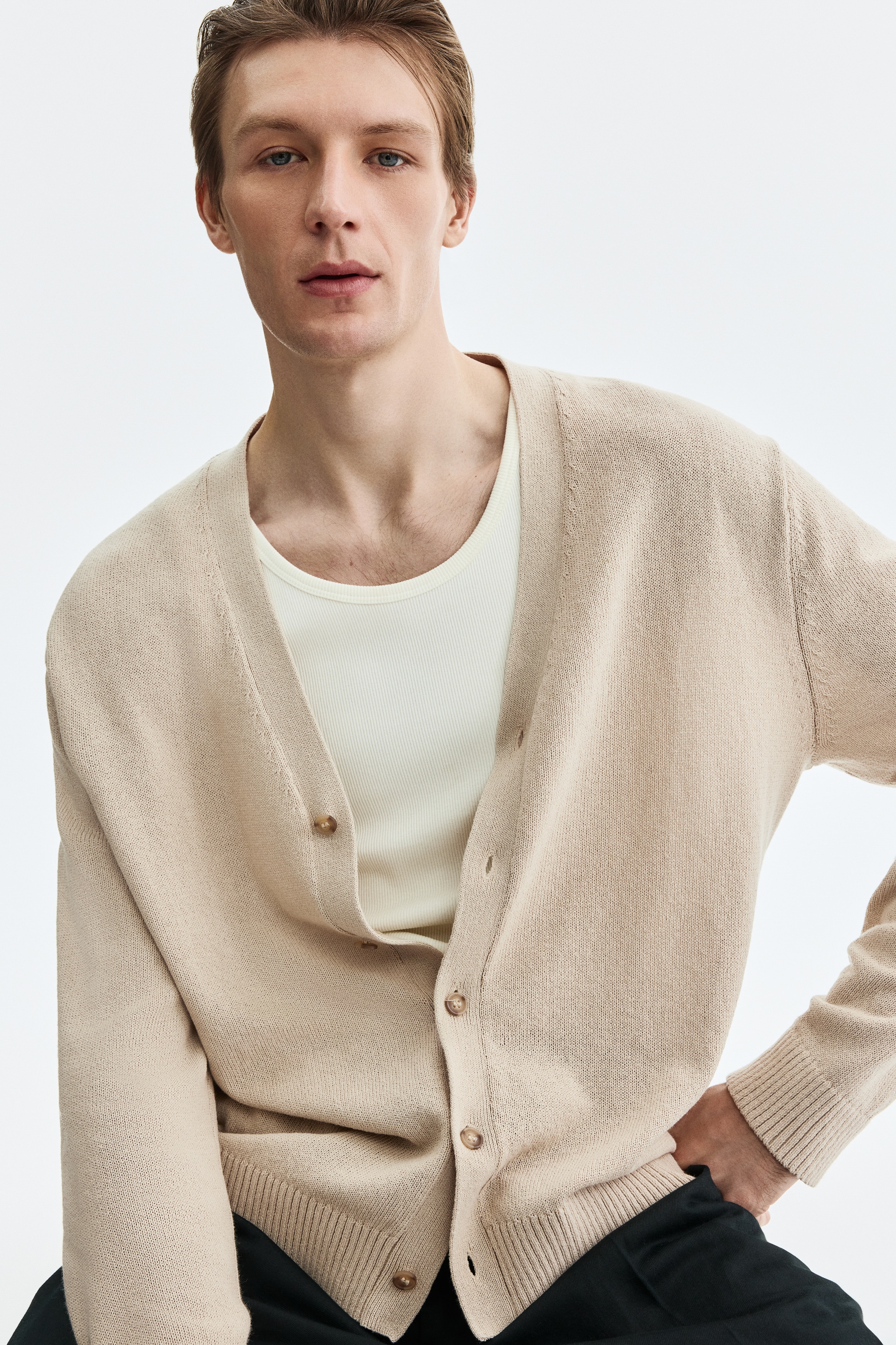 Relaxed Fit Cardigan - Beige/Dark brown