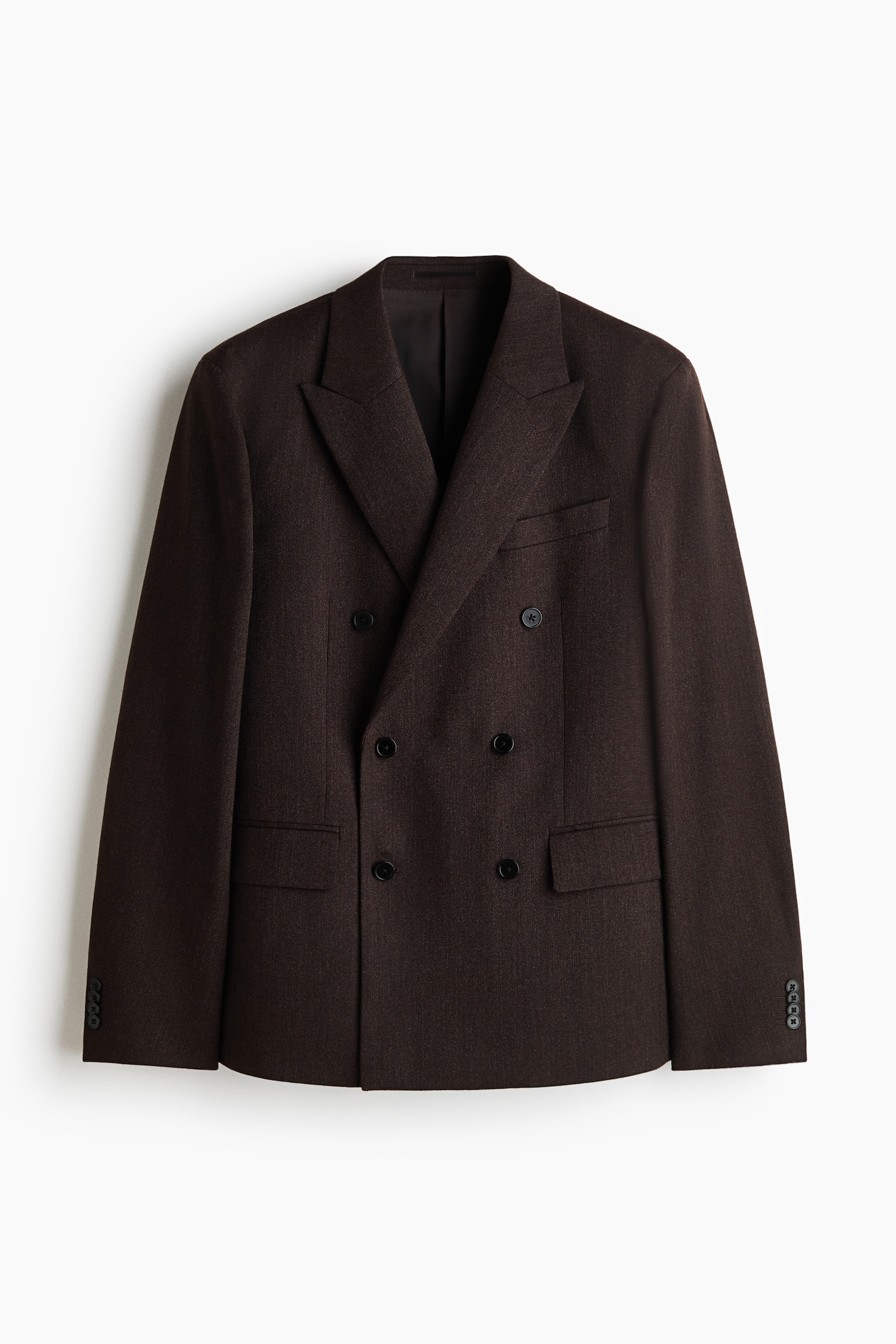 A dark brown, double-breasted blazer is shown from the front, featuring wide peak lapels, a six-button front fastening, and two lower flap pockets. The long sleeves finish with buttoned cuffs, and a single welt pocket is visible on the left chest. - 1