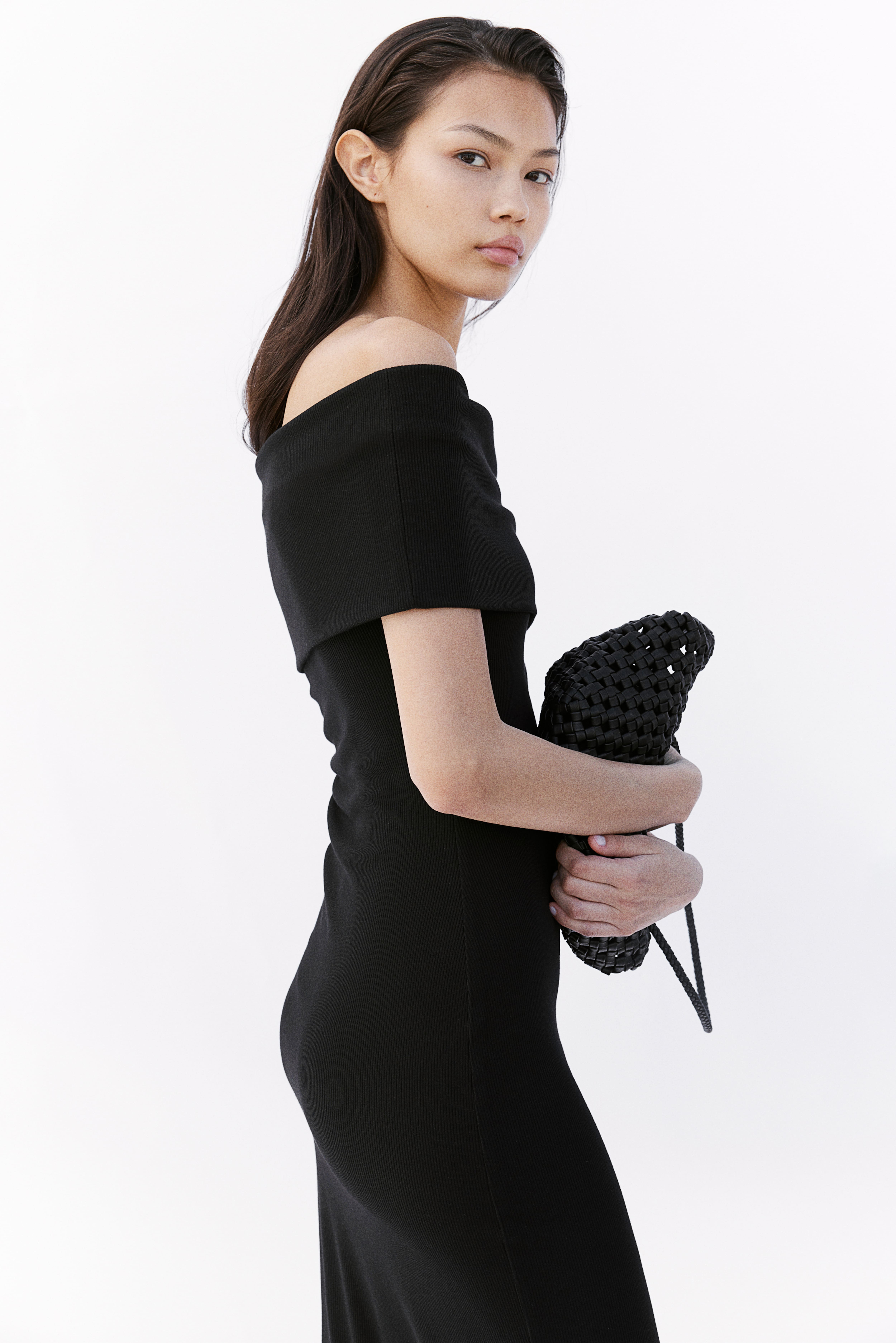 Black fitted off the shoulder dress best sale