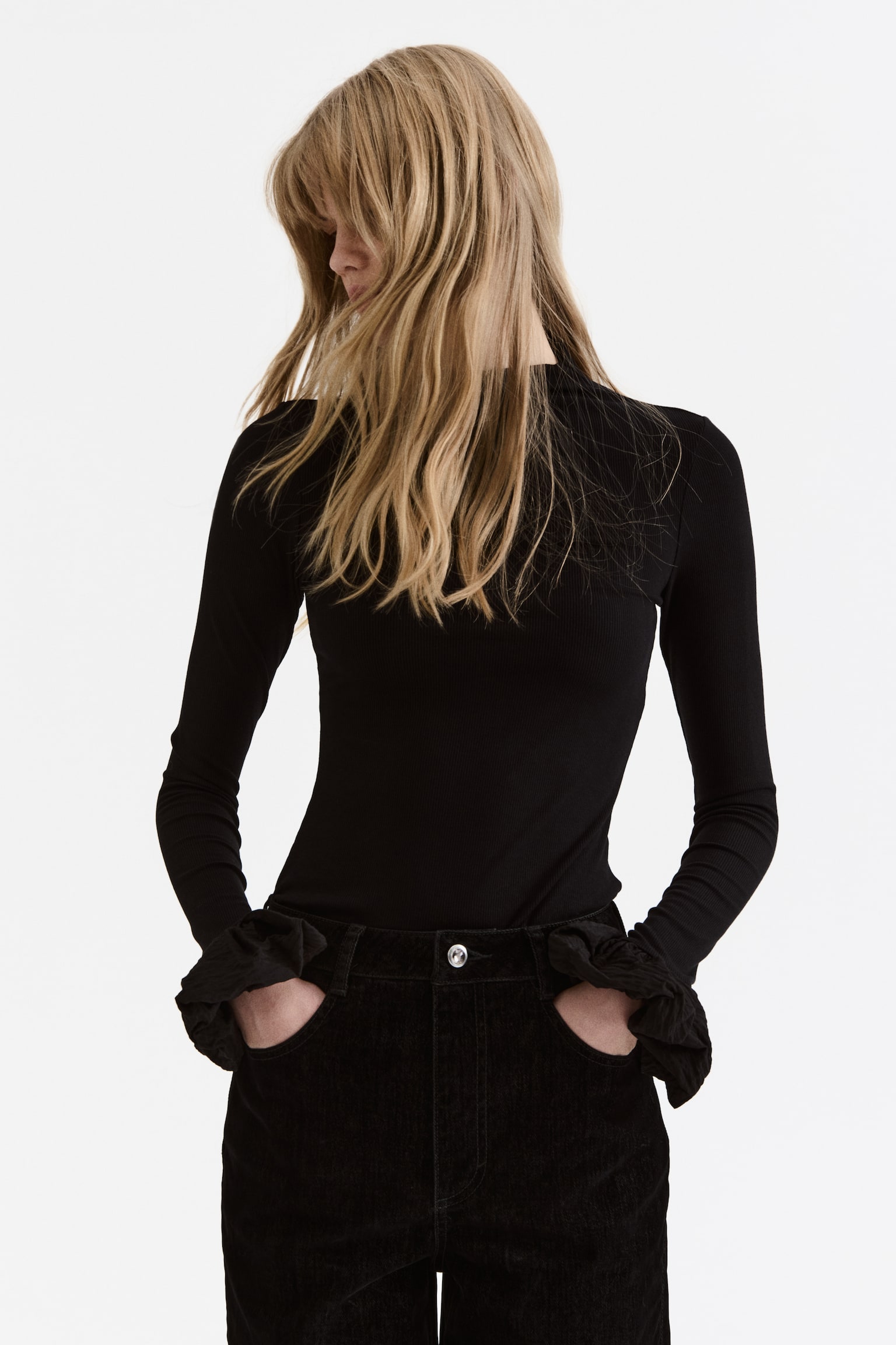 リブジャージートップス - ブラック - 5