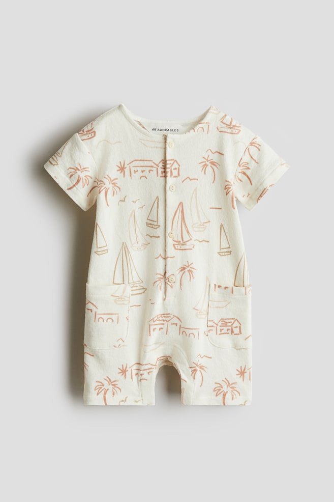 Cotton Romper Suit - Cream/boats/Light blue/Turquoise/Light brown/Brown/sun/Turquoise/marine life - 1