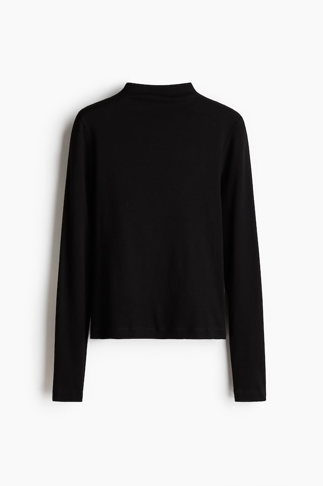 A black long-sleeved top is presented from the back, featuring a mock neck, long sleeves, and a straight hem. - 1