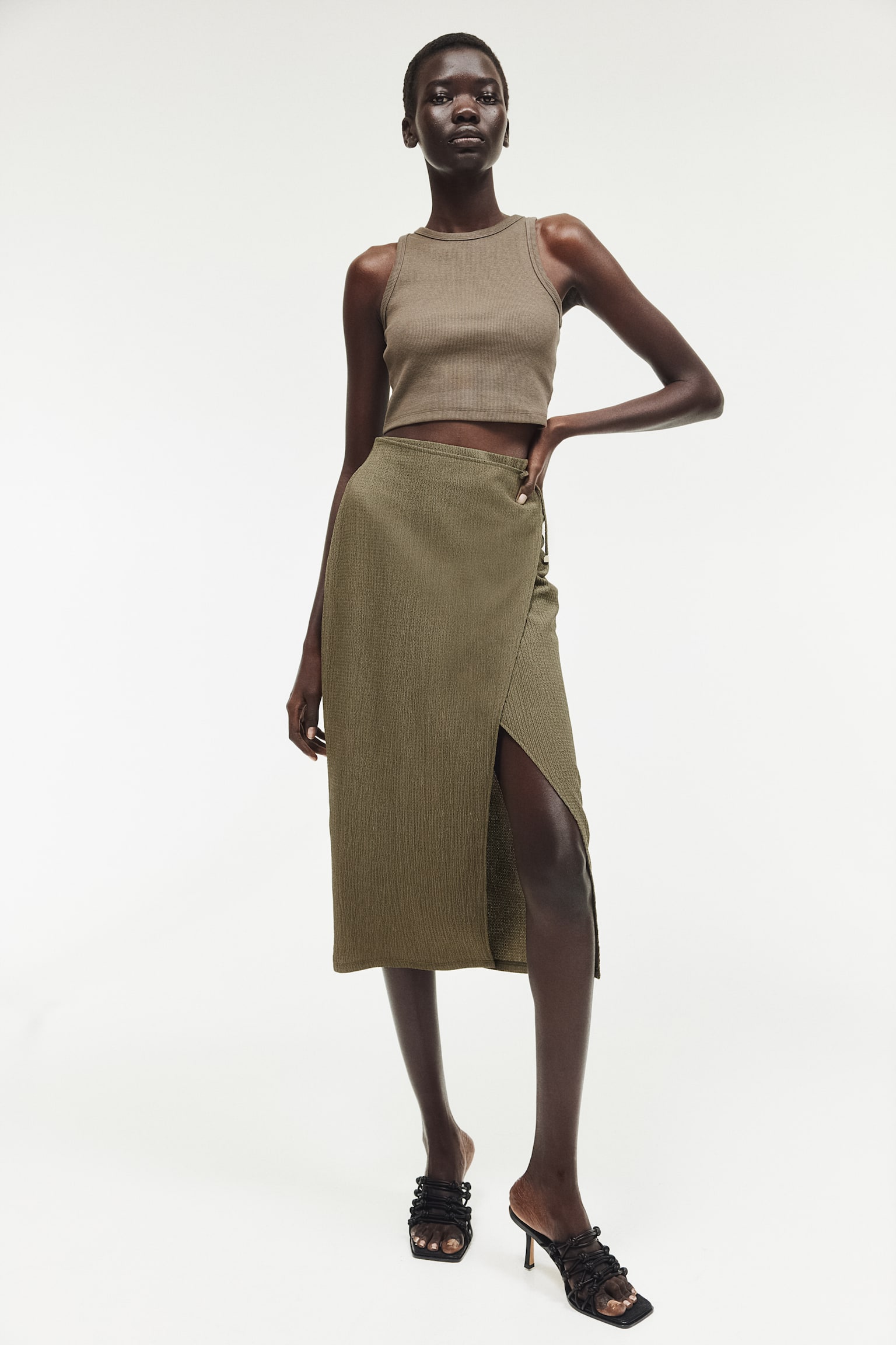 Crinkled Wrap Skirt - Dark khaki green/Black - 3