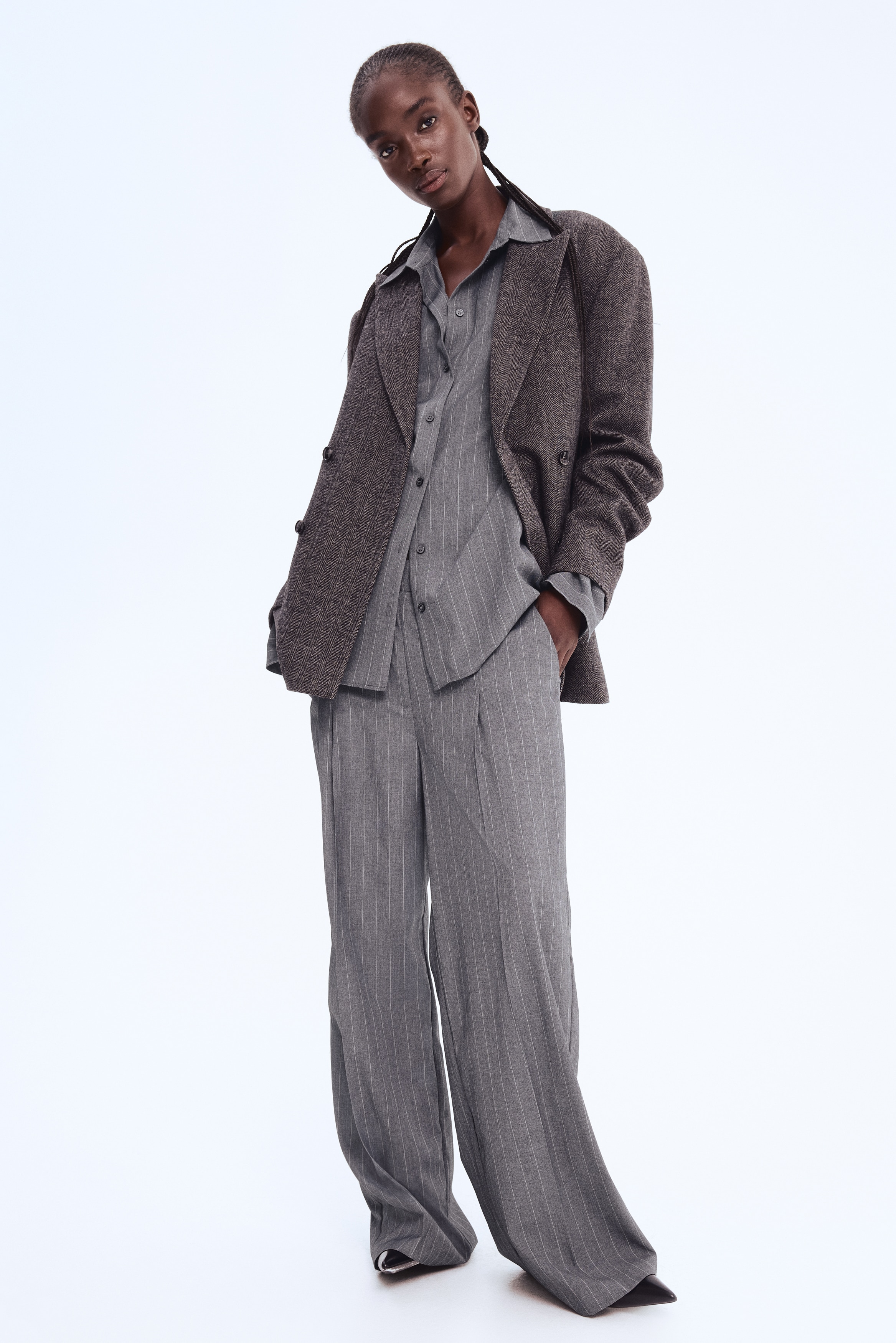 テーラードパンツ - グレーメランジ／ピンストライプ - レディース