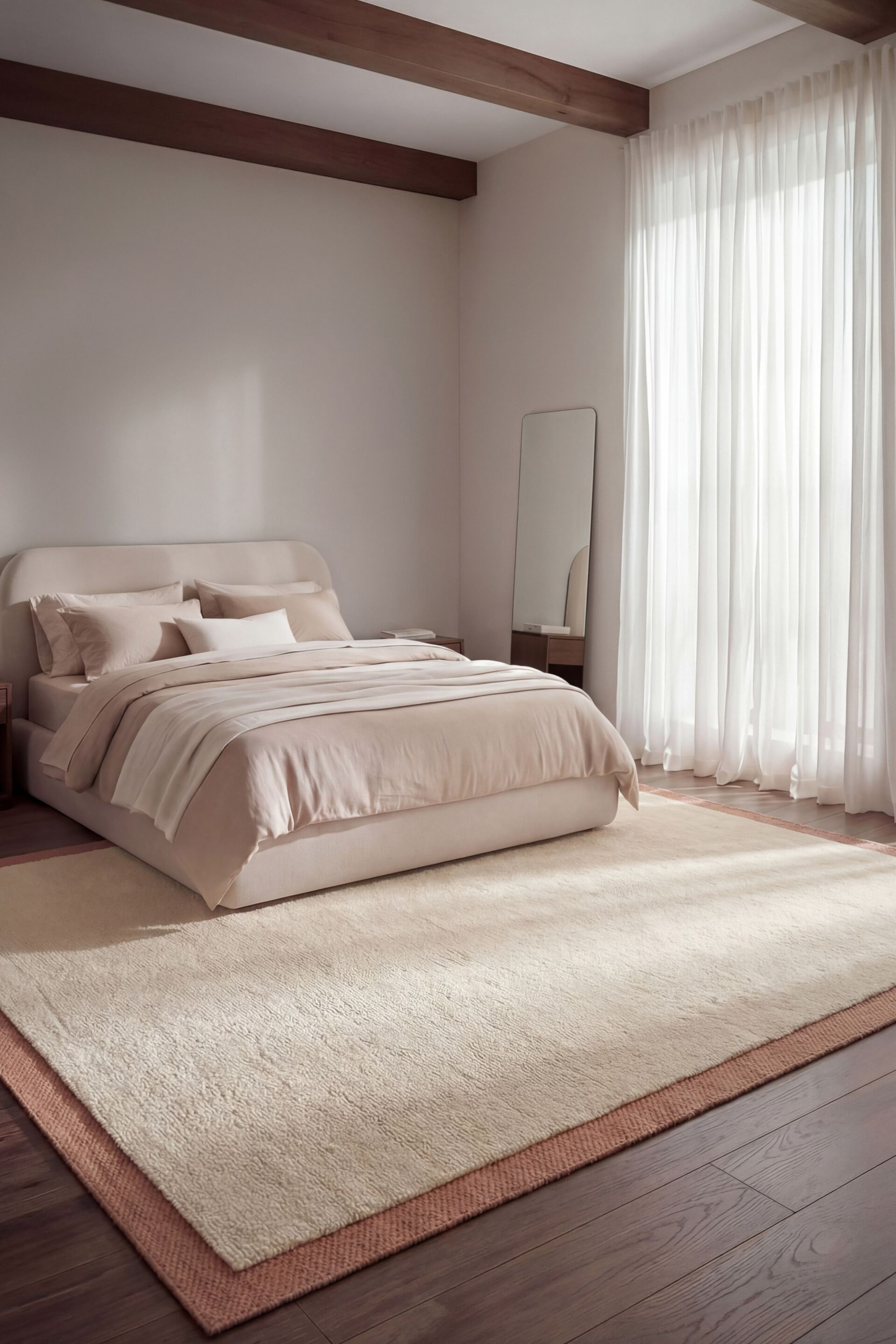 Ver imagen más grande: La cama presenta un marco tapizado en beige claro y un cabecero redondeado, inclinado ligeramente hacia la derecha. Exhibe una funda nórdica a juego, múltiples almohadas y una manta de color crema colocada sobre su sección inferior.