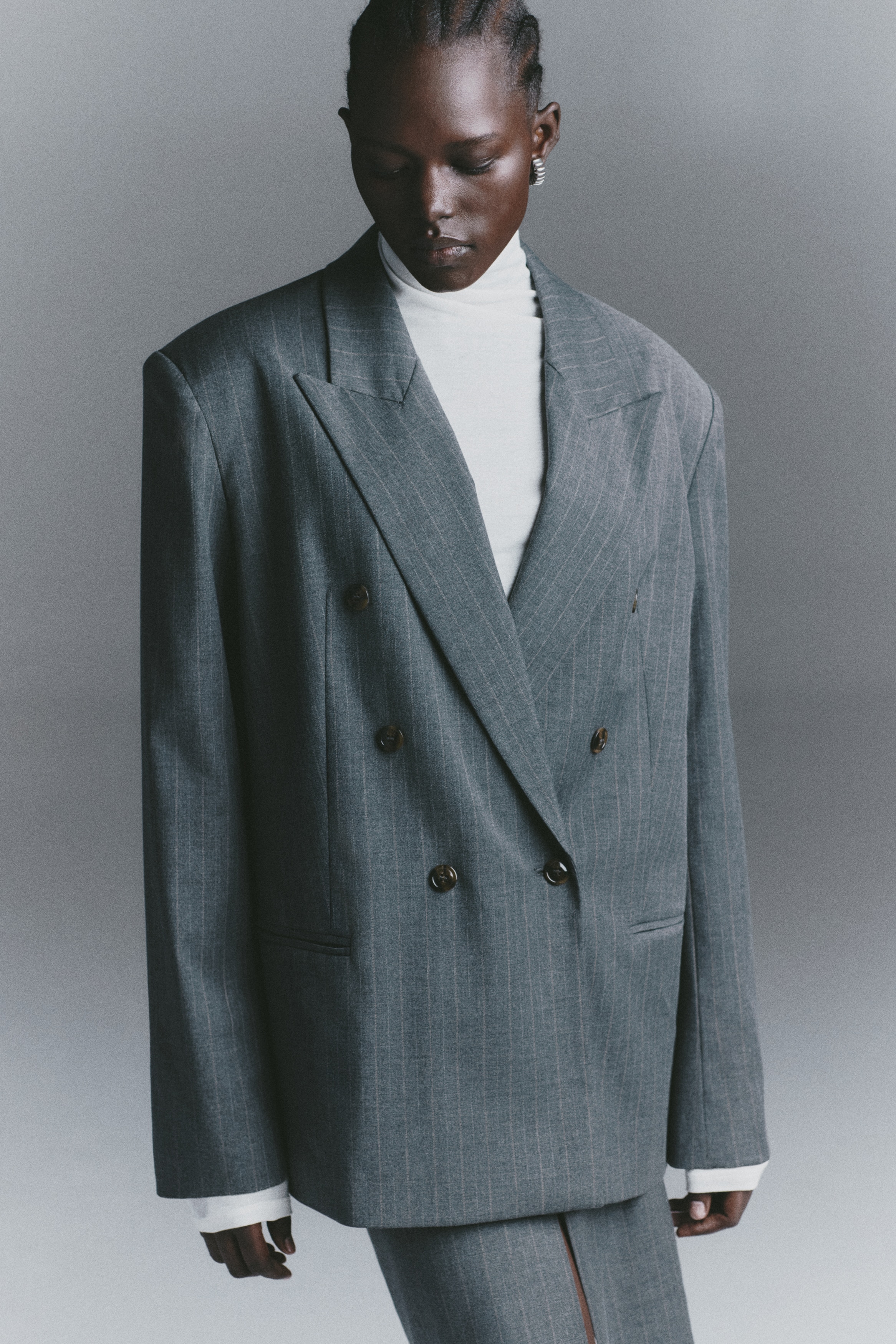 ダブルブレストブレザー - グレー／ピンストライプ - レディース