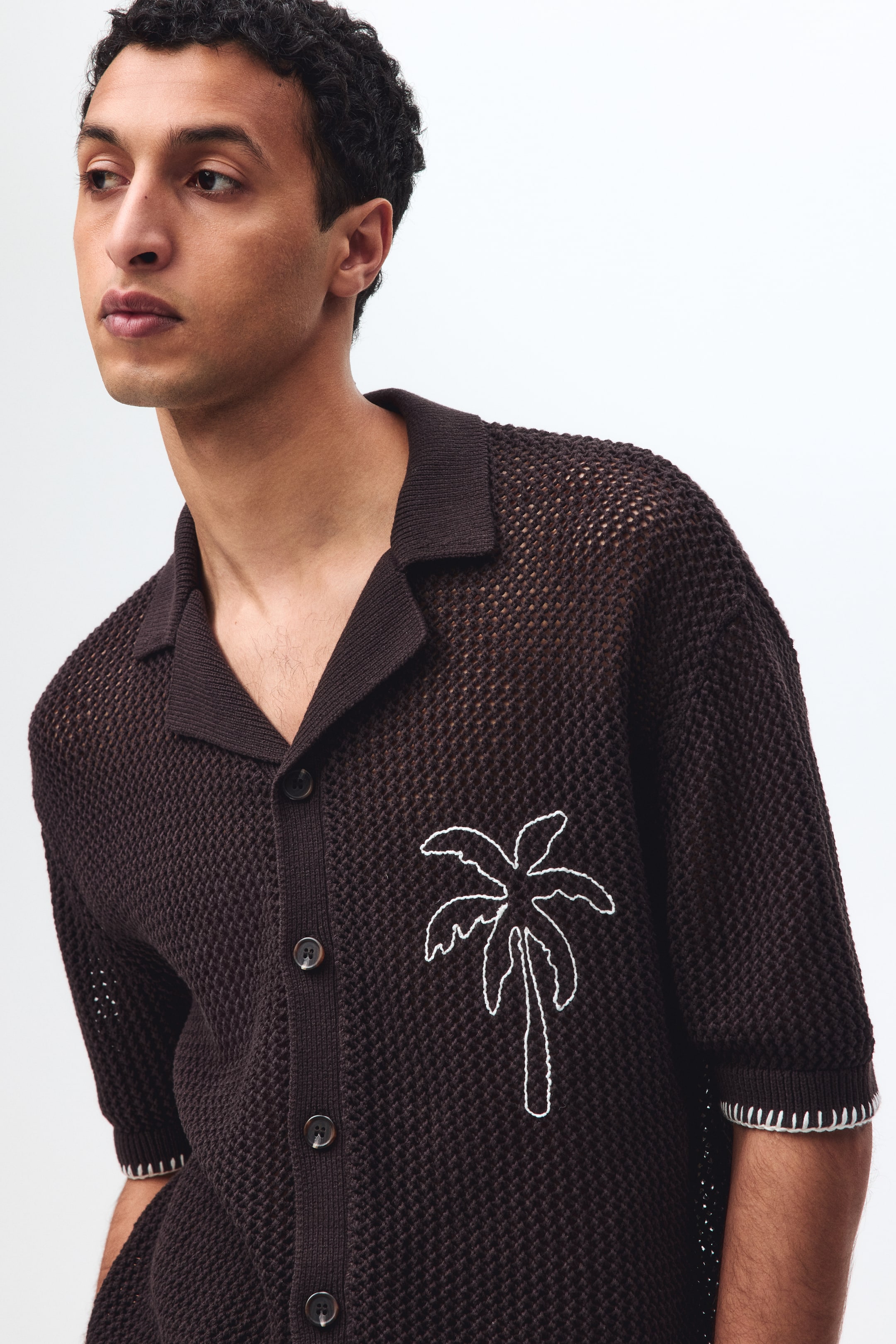 Chemise à col cubain décontractée en tricot ajouré