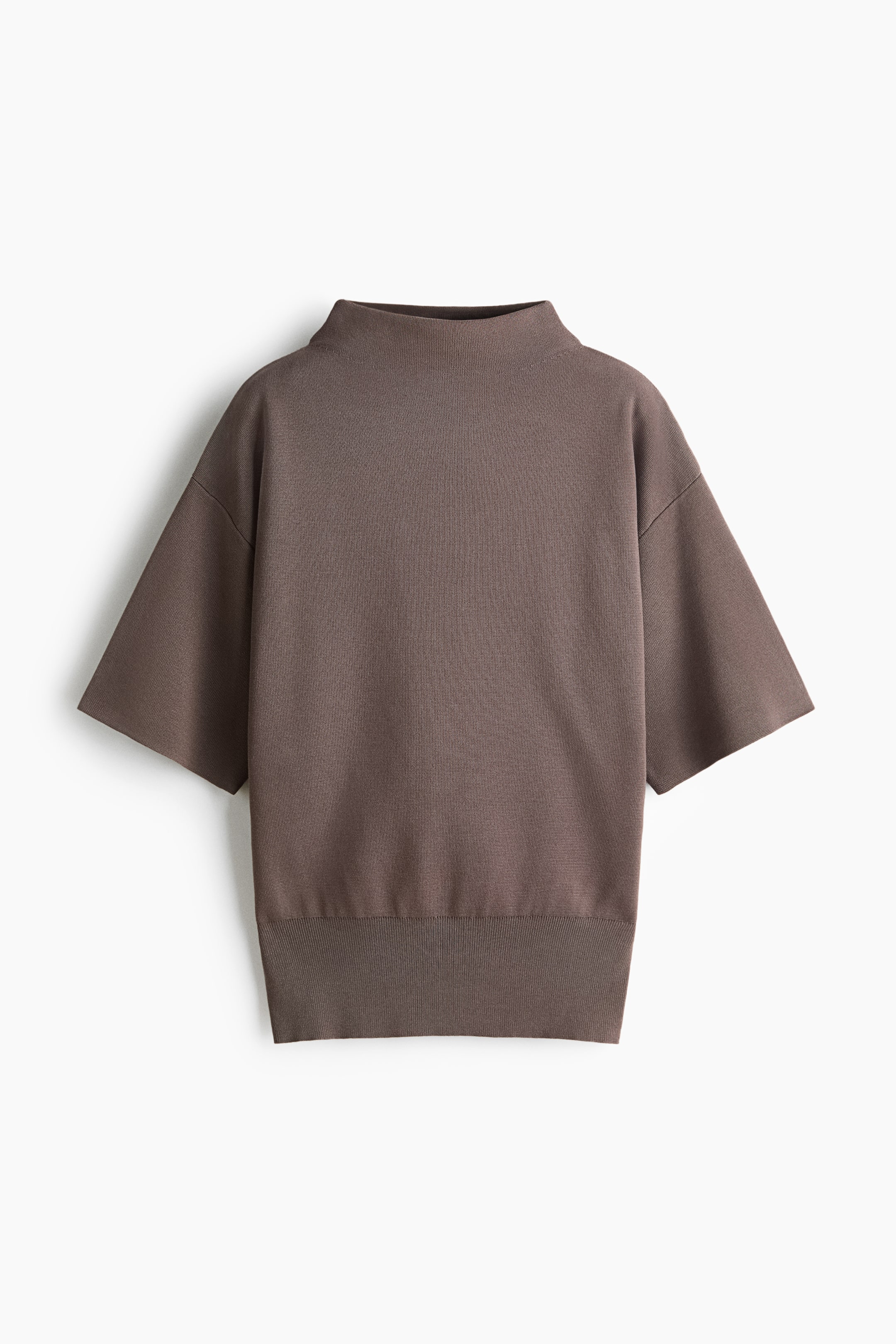 View larger image: A brown knit top is laid flat, featuring a mock neck, wide short sleeves, and a ribbed hem.