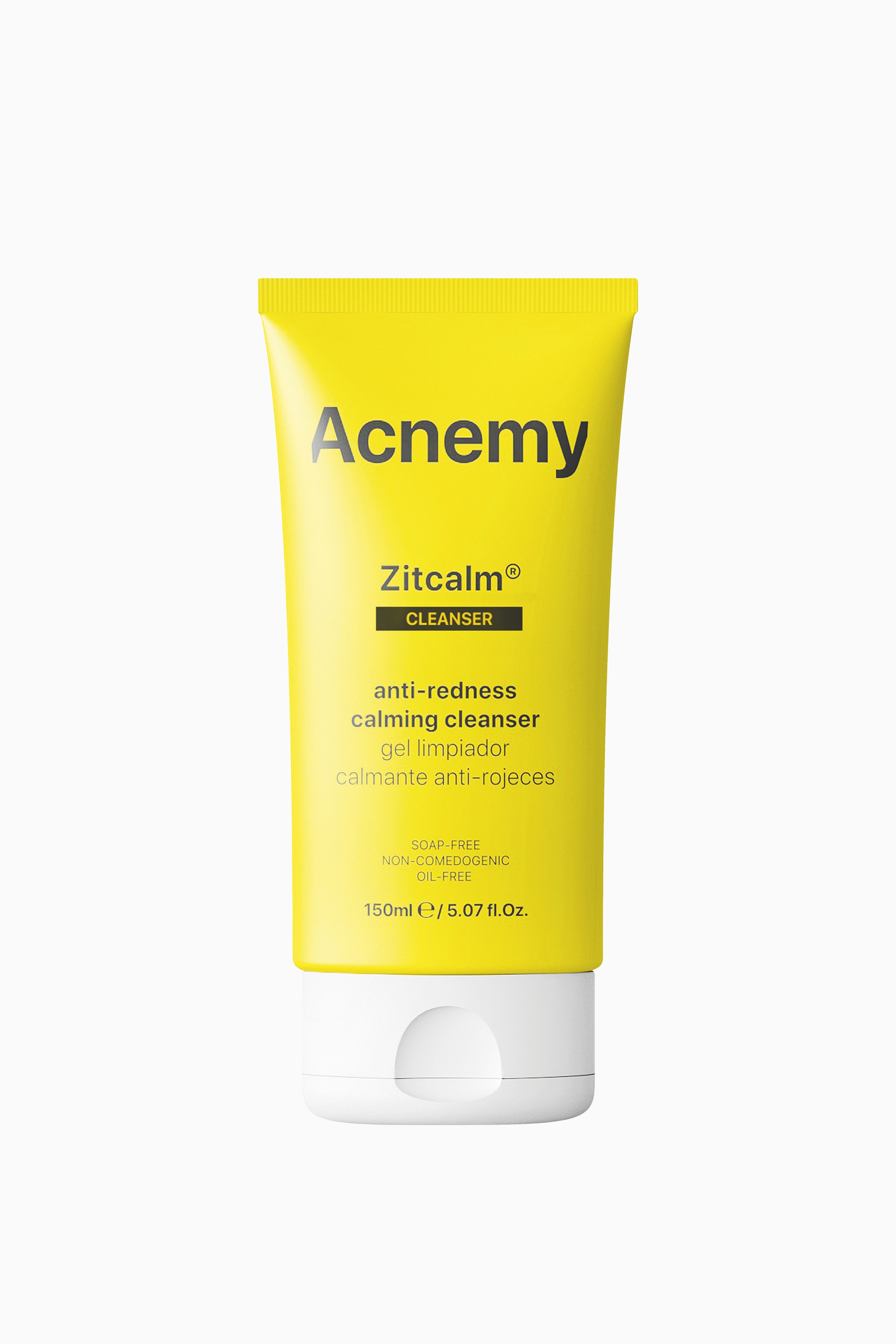 Se større billede: Zitcalm Cleansing Gel fra Acnemy står oprejst i en frontvendt visning og fremviser en livlig gul squeezetube med en hvid flip-top hætte nederst. Forsiden af tuben viser brandnavnet "Acnemy" og specifik produktinformation i sort tekst.