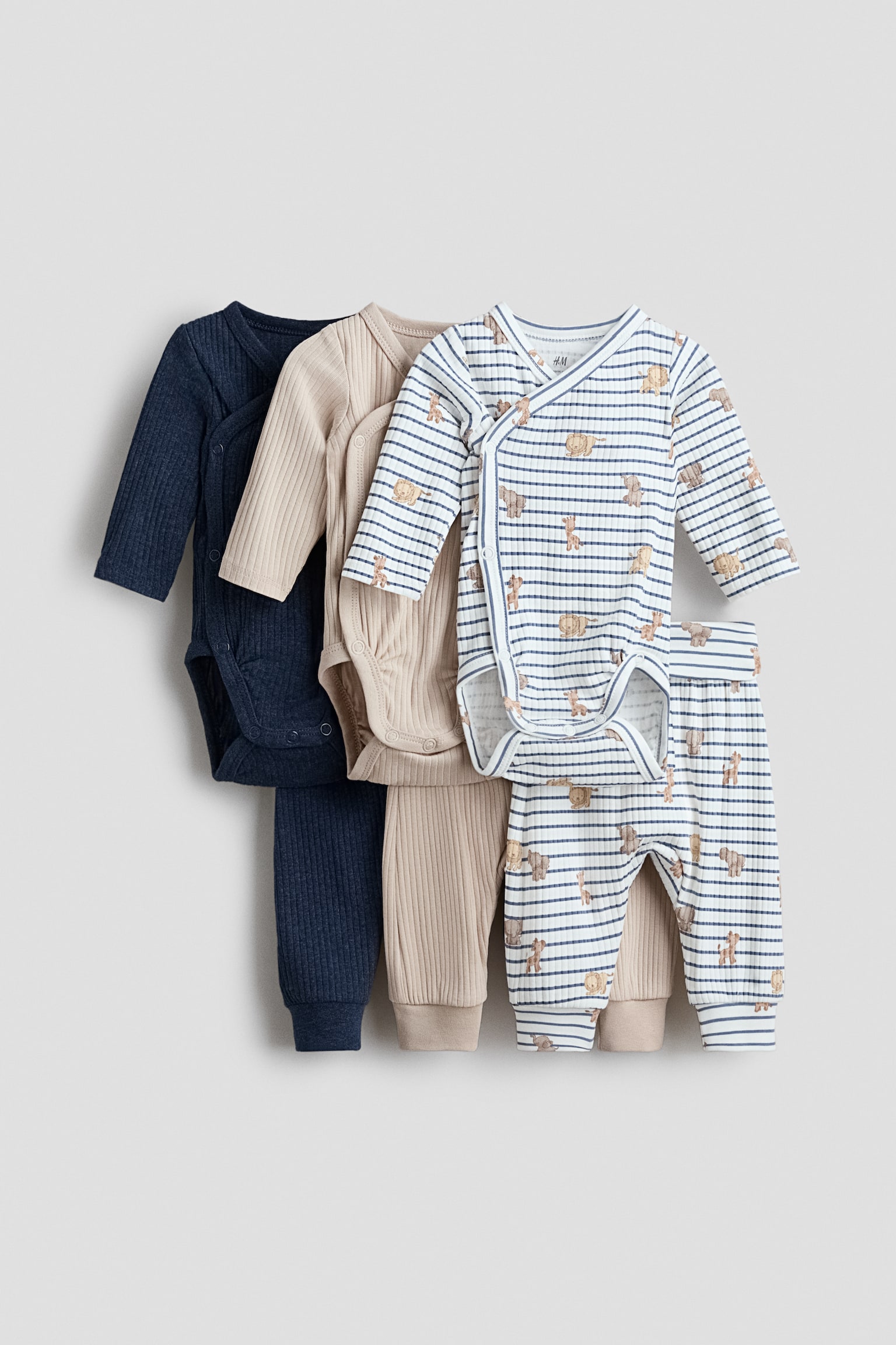 Zesdelige set - Rompers en broeken - Marineblauw/dieren/Lichtgroen/dieren/Lichttaupe/lichtbeige/Taupe/wit/Dusty roze/bloemen/Dusty roze/kersen/Dusty lichtroze/bloemen