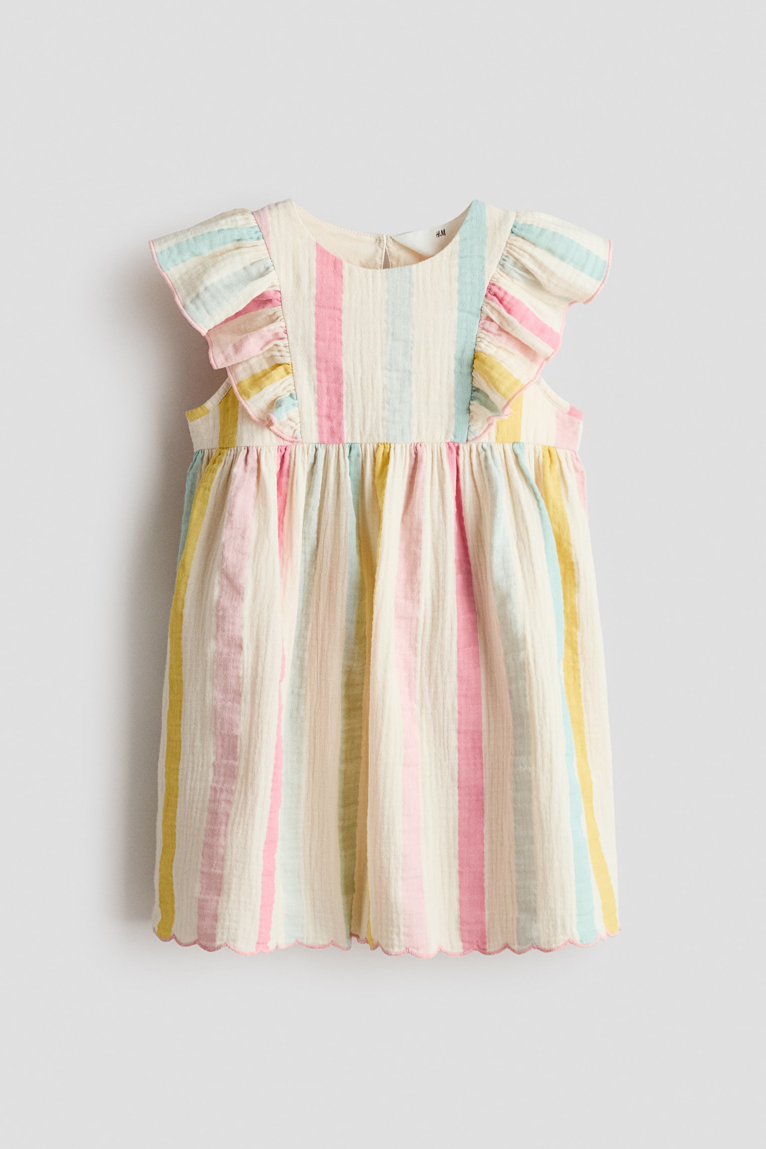 Flounced muslin dress - Light beige/Striped