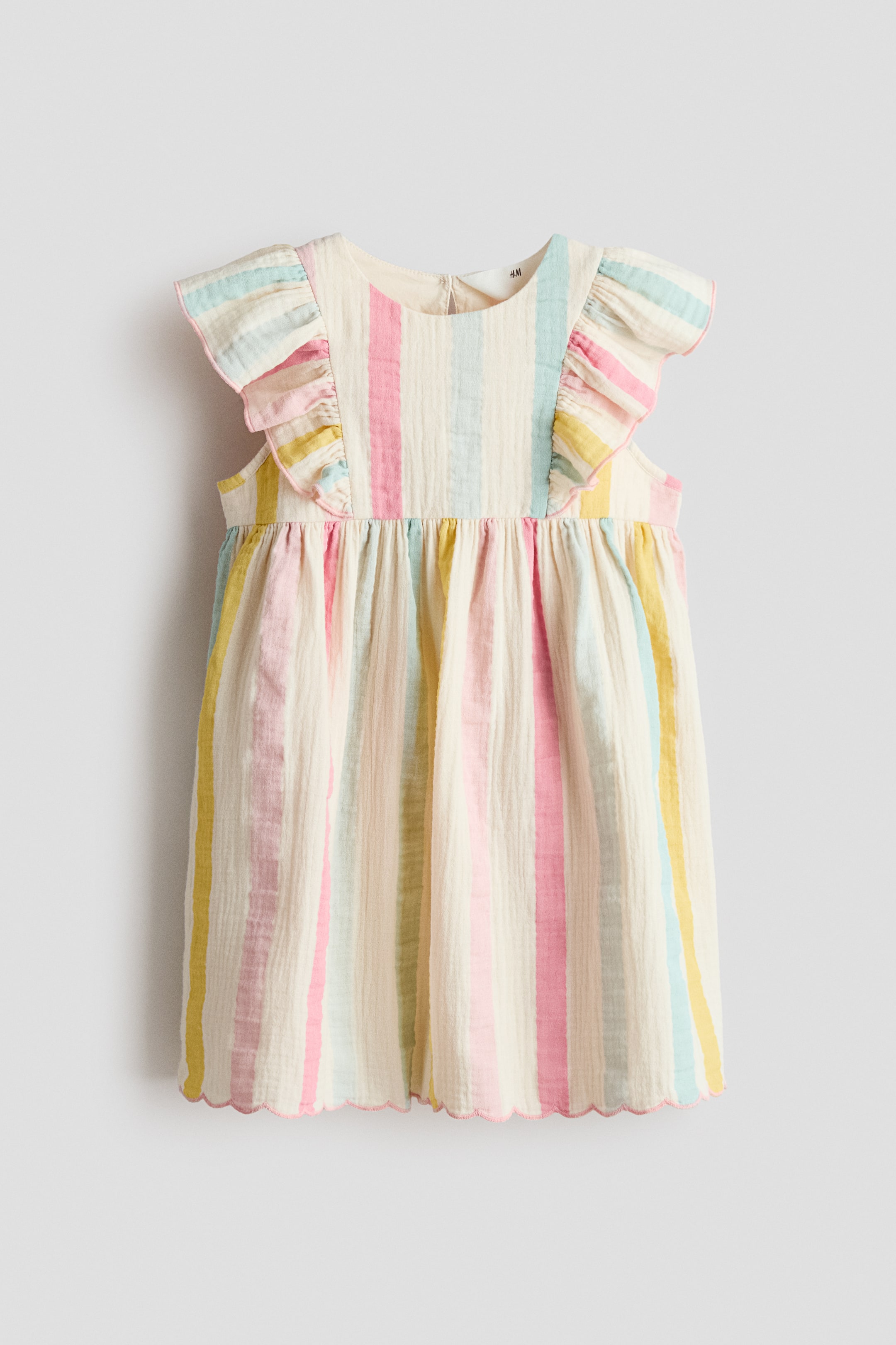 View larger image: A front-facing dress displays vertical stripes in pastel pink, yellow and blue on a cream-coloured crinkled fabric. It features ruffled cap sleeves, a gathered waist and a scalloped hemline.