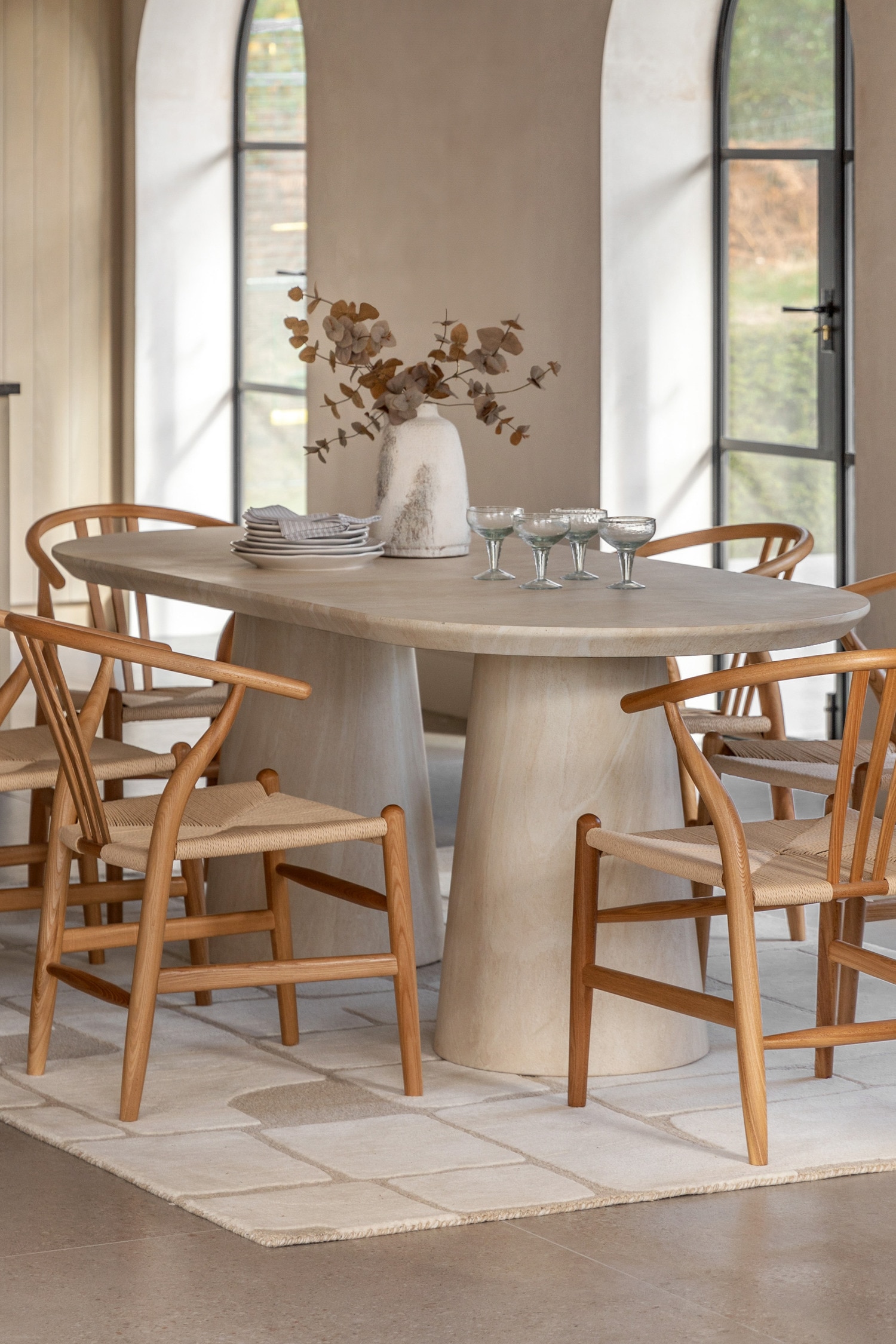 Travertine Finish Dining Table - Large-Travertine